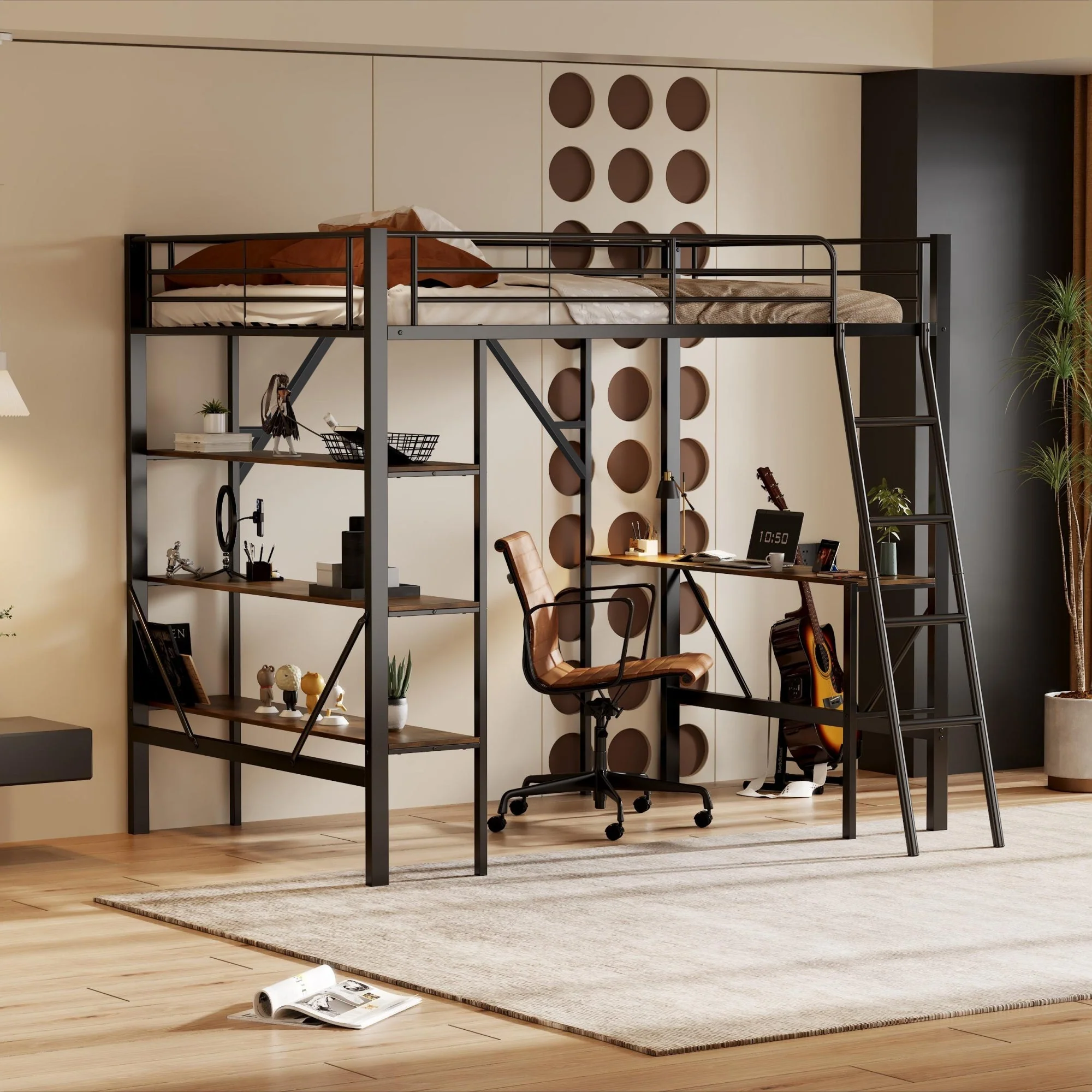 Loft Bed 90x200cm Iron Frame with Desk 3 Shelves Black