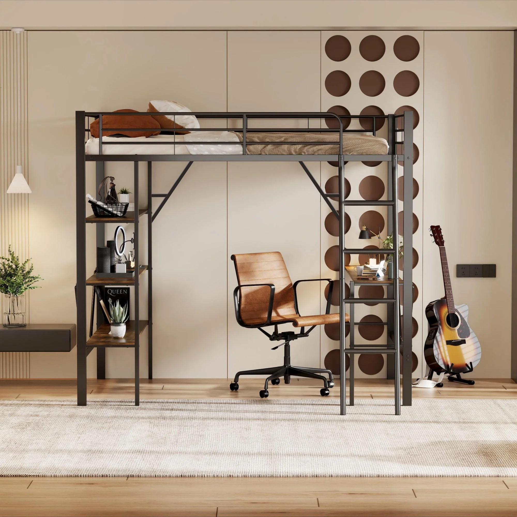 Loft Bed 90x200cm Iron Frame with Desk 3 Shelves Black - Image 3
