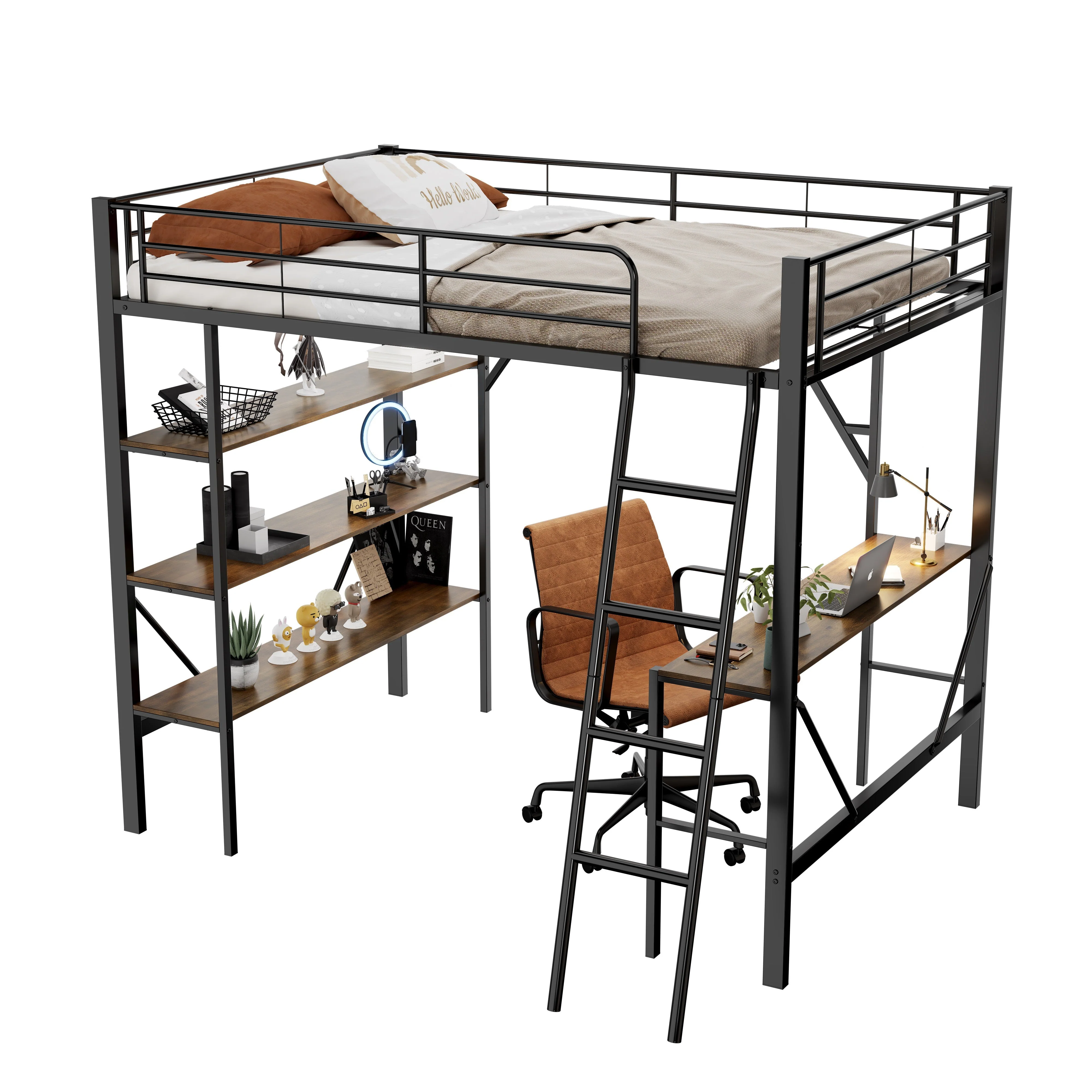 Loft Bed 90x200cm Iron Frame with Desk 3 Shelves Black - Image 4