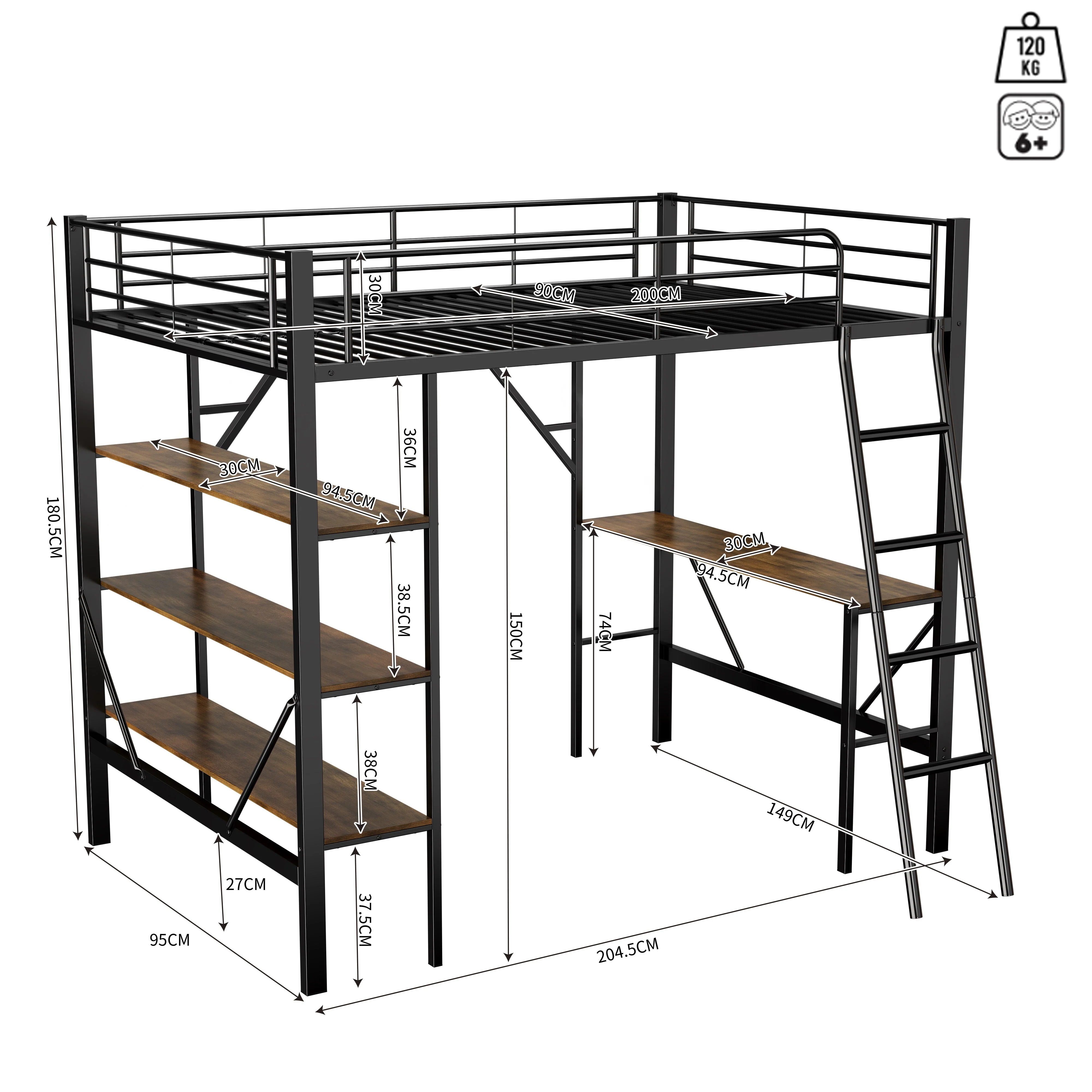 Loft Bed 90x200cm Iron Frame with Desk 3 Shelves Black - Image 5