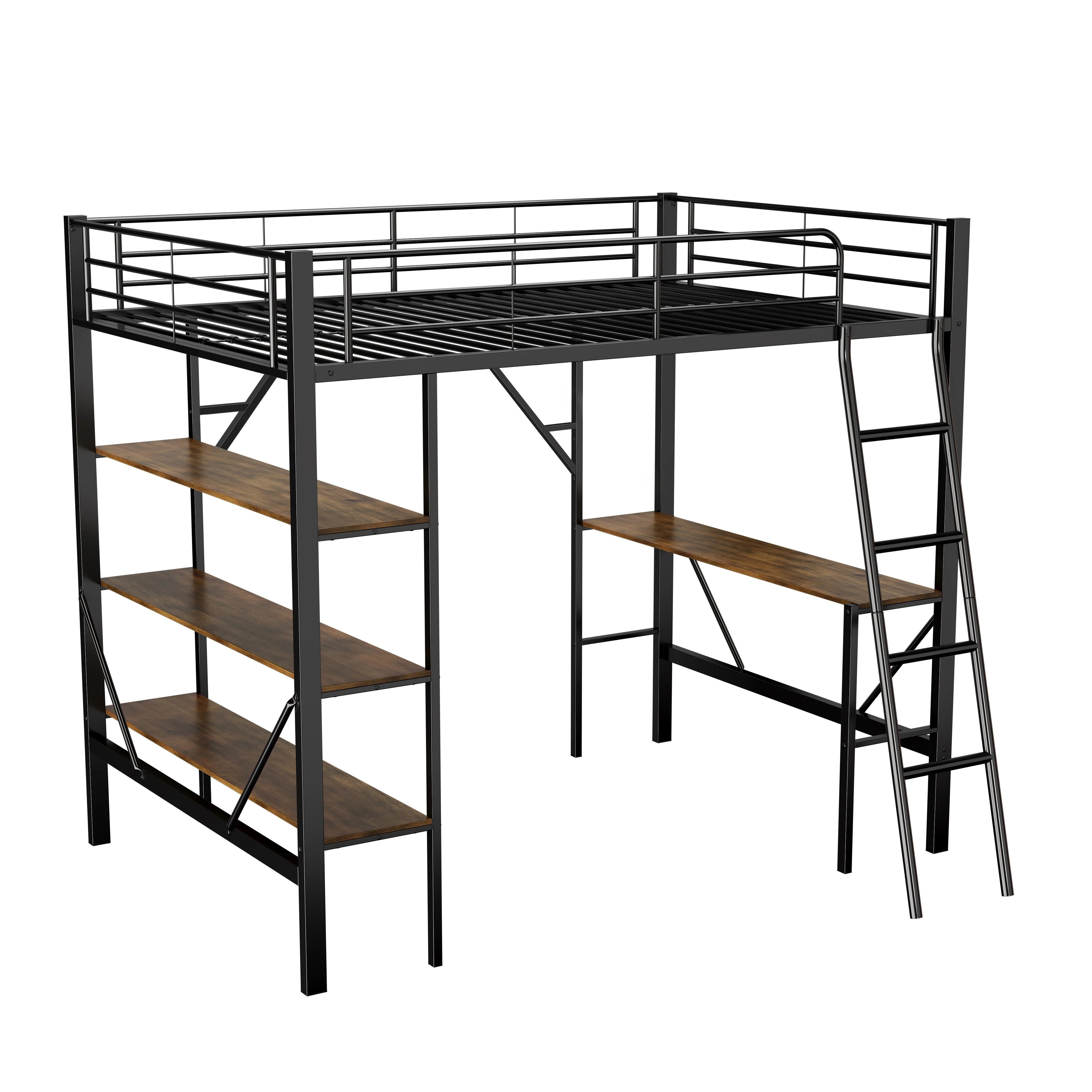 Loft Bed 90x200cm Iron Frame with Desk 3 Shelves Black - Image 7