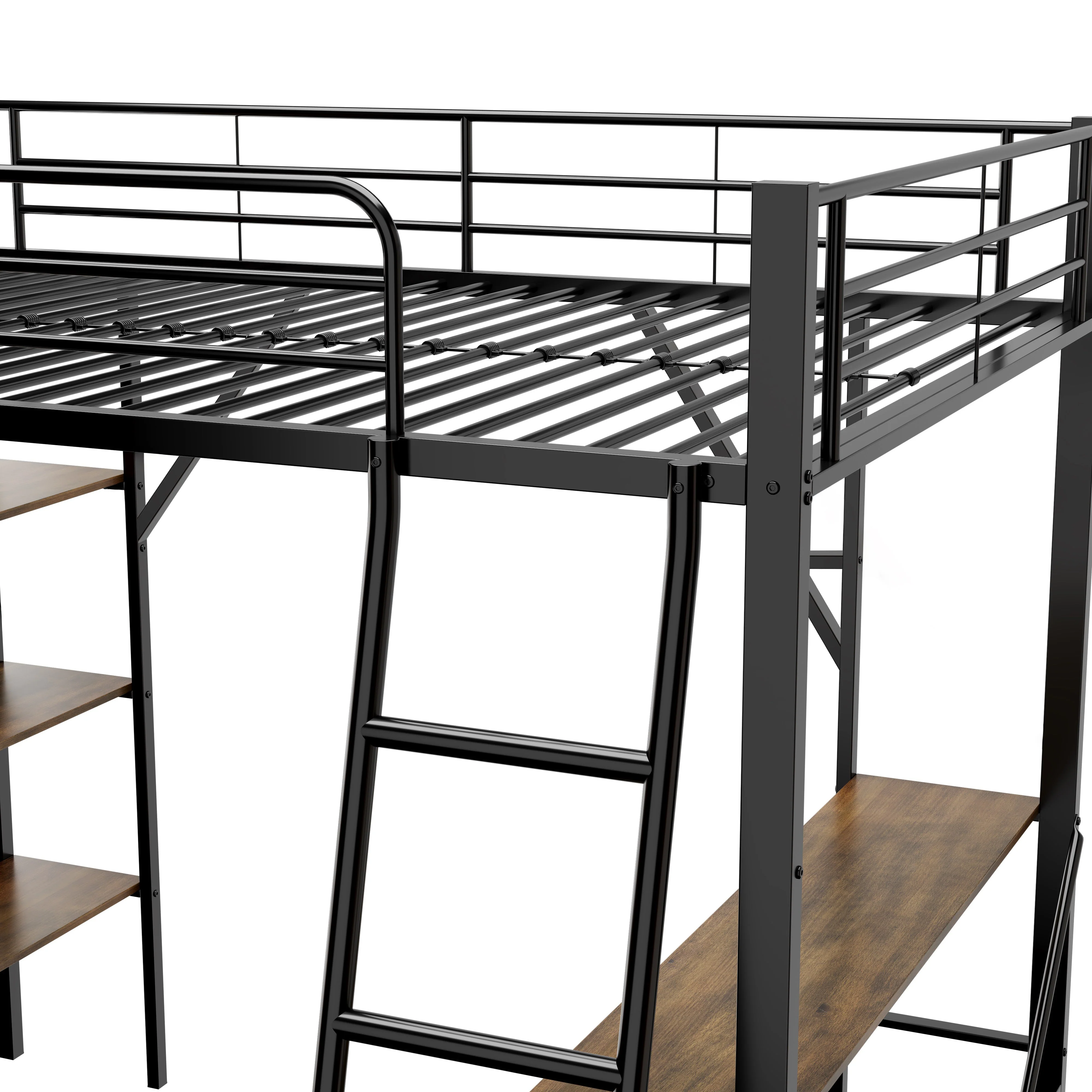 Loft Bed 90x200cm Iron Frame with Desk 3 Shelves Black - Image 9