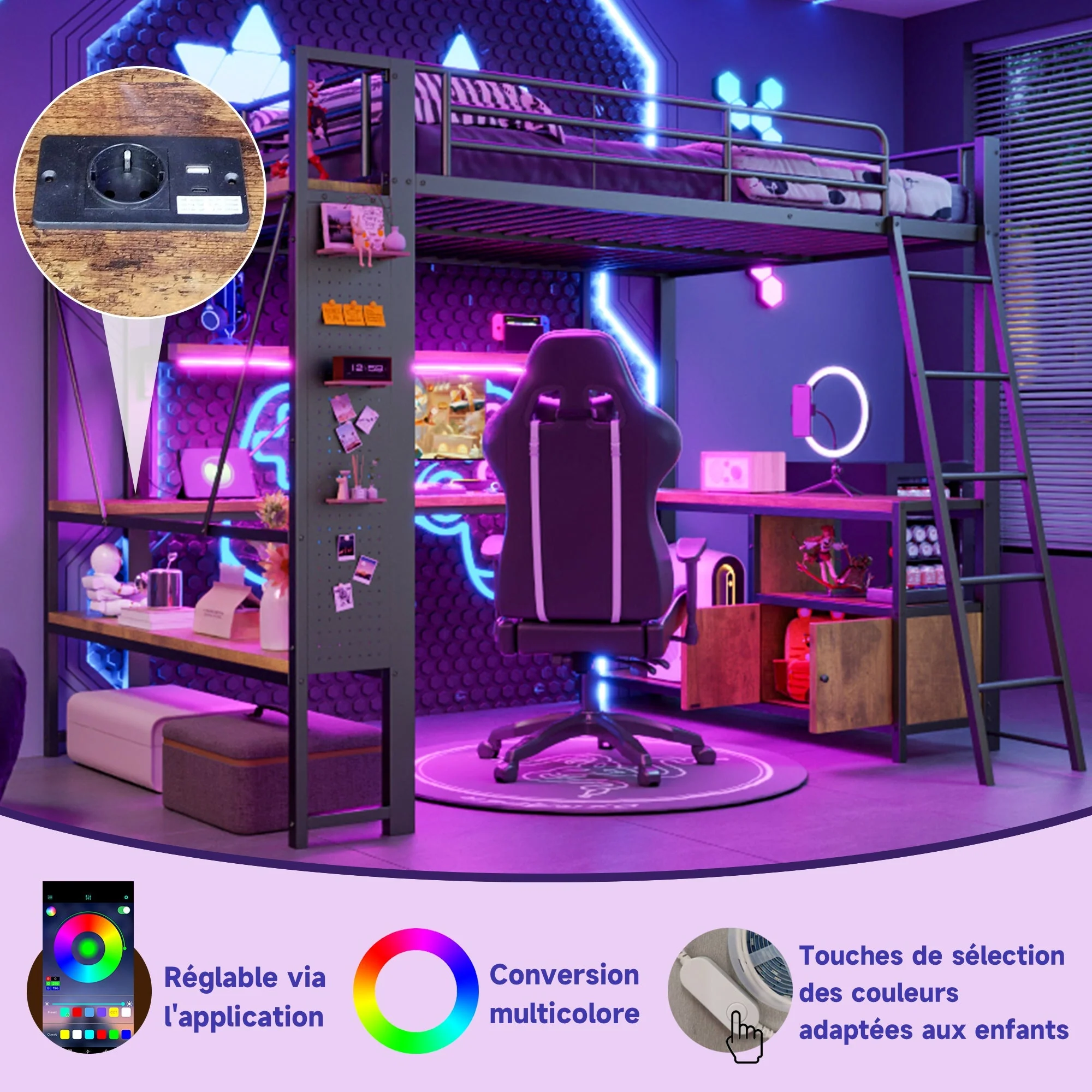 Loft Bed 90x200cm Iron Frame with Desk LED Light Storage Pegboard USB Black - Image 3