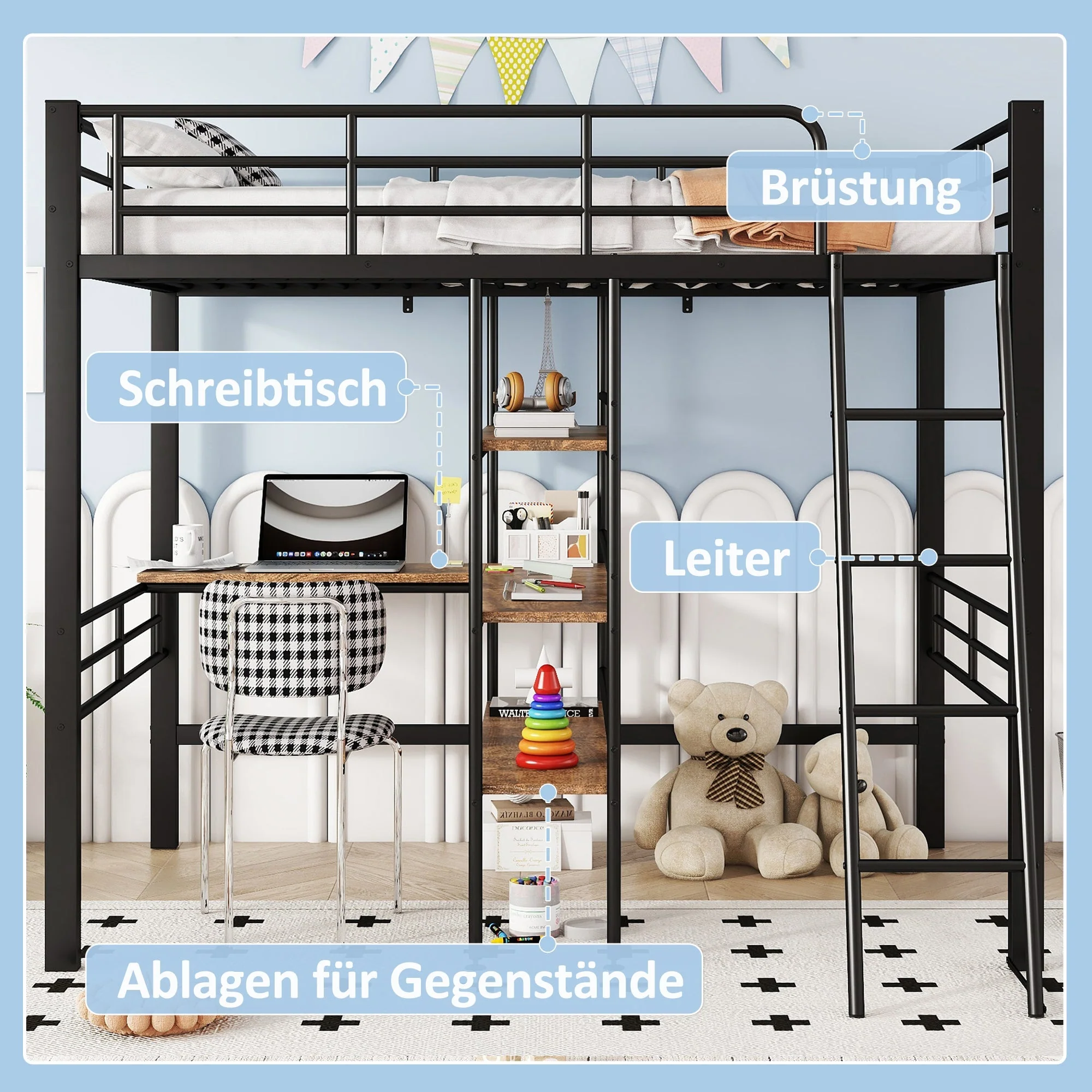 Loft Bed 90x200cm Iron Frame with Desk Multiple Shelves Black - Image 2