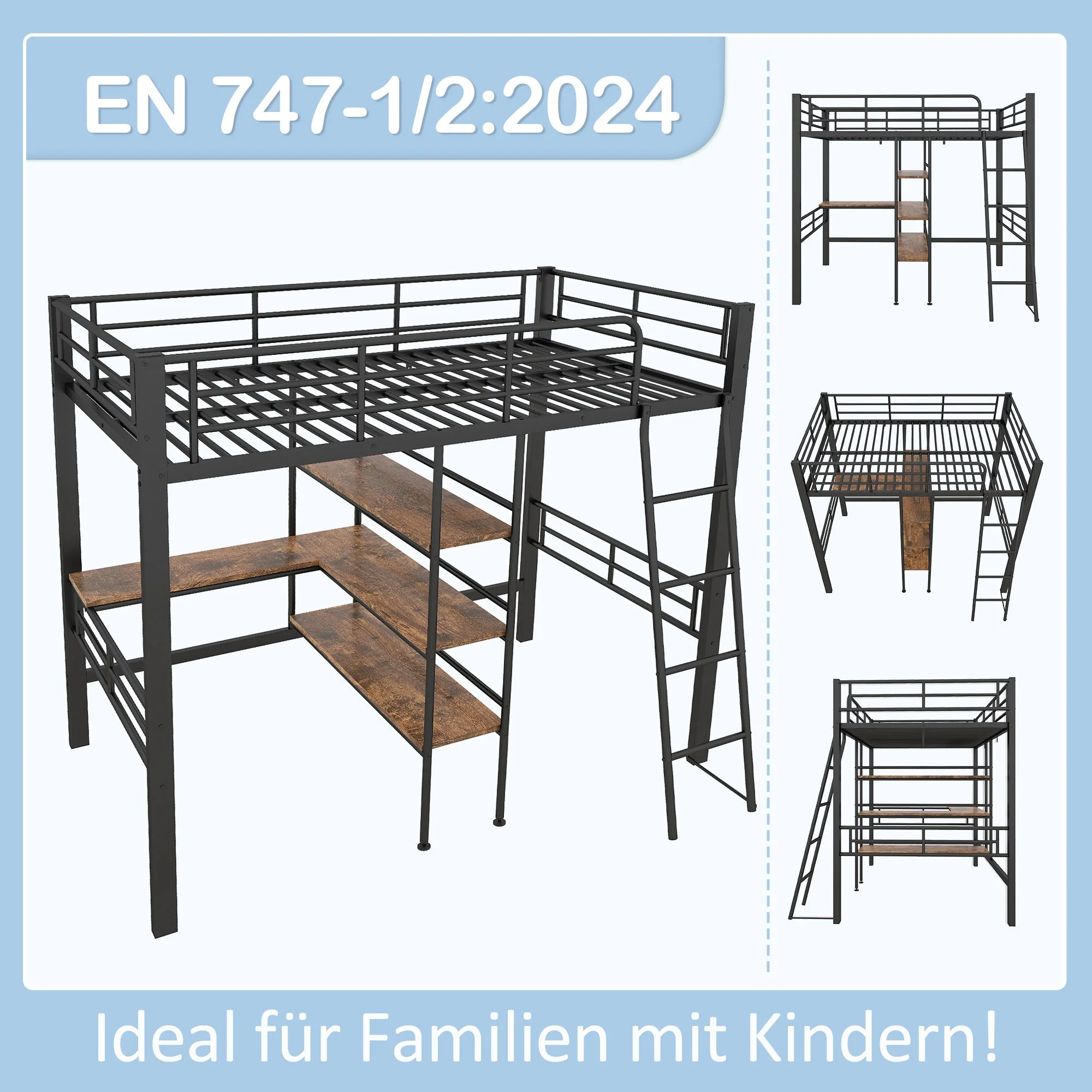 Loft Bed 90x200cm Iron Frame with Desk Multiple Shelves Black - Image 3