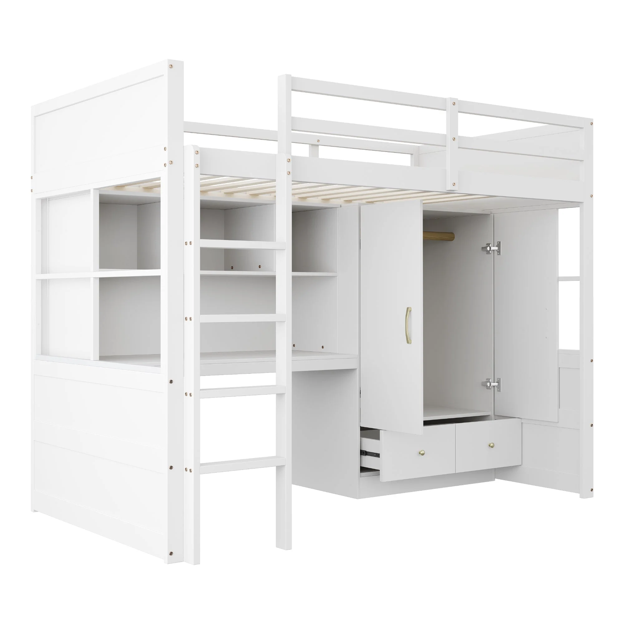 Loft Bed 90x200cm, Ladder, Desk, Wardrobe & Drawers, White - Image 10