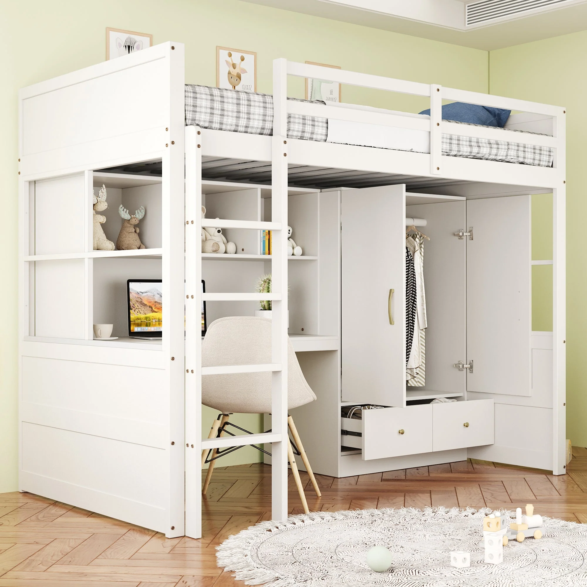 Loft Bed 90x200cm, Ladder, Desk, Wardrobe & Drawers, White - Image 3