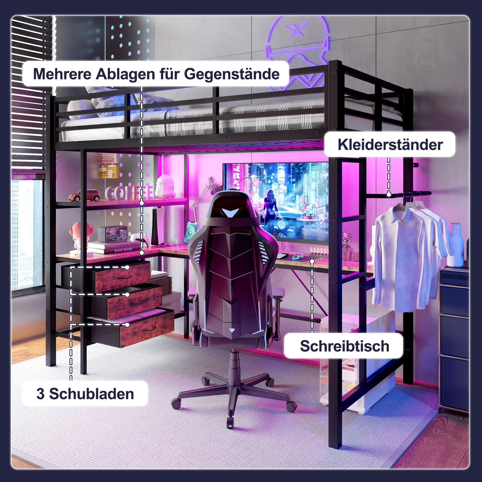 Loft Bed 90x200cm LED Lights, Desk, USB Port, 3 Drawers, Black - Image 2