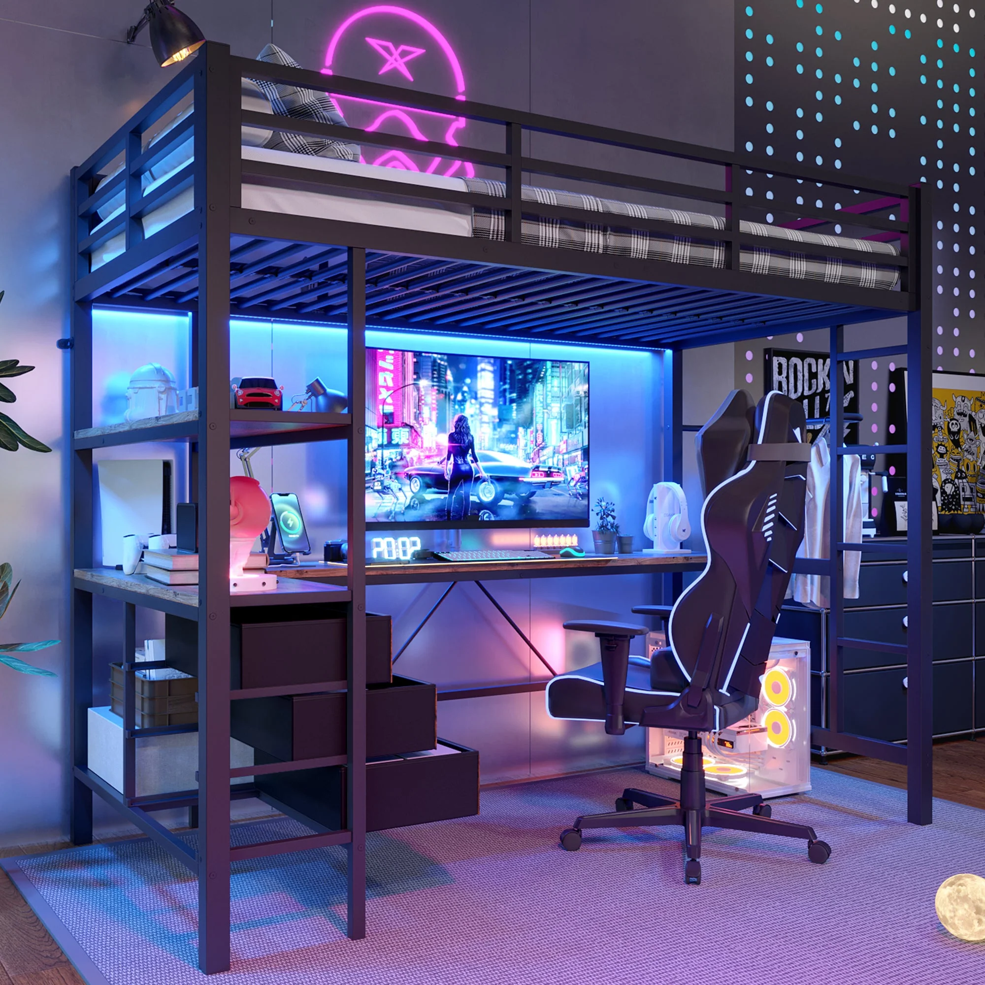 Loft Bed 90x200cm LED Lights, Desk, USB Port, 3 Drawers, Black - Image 5