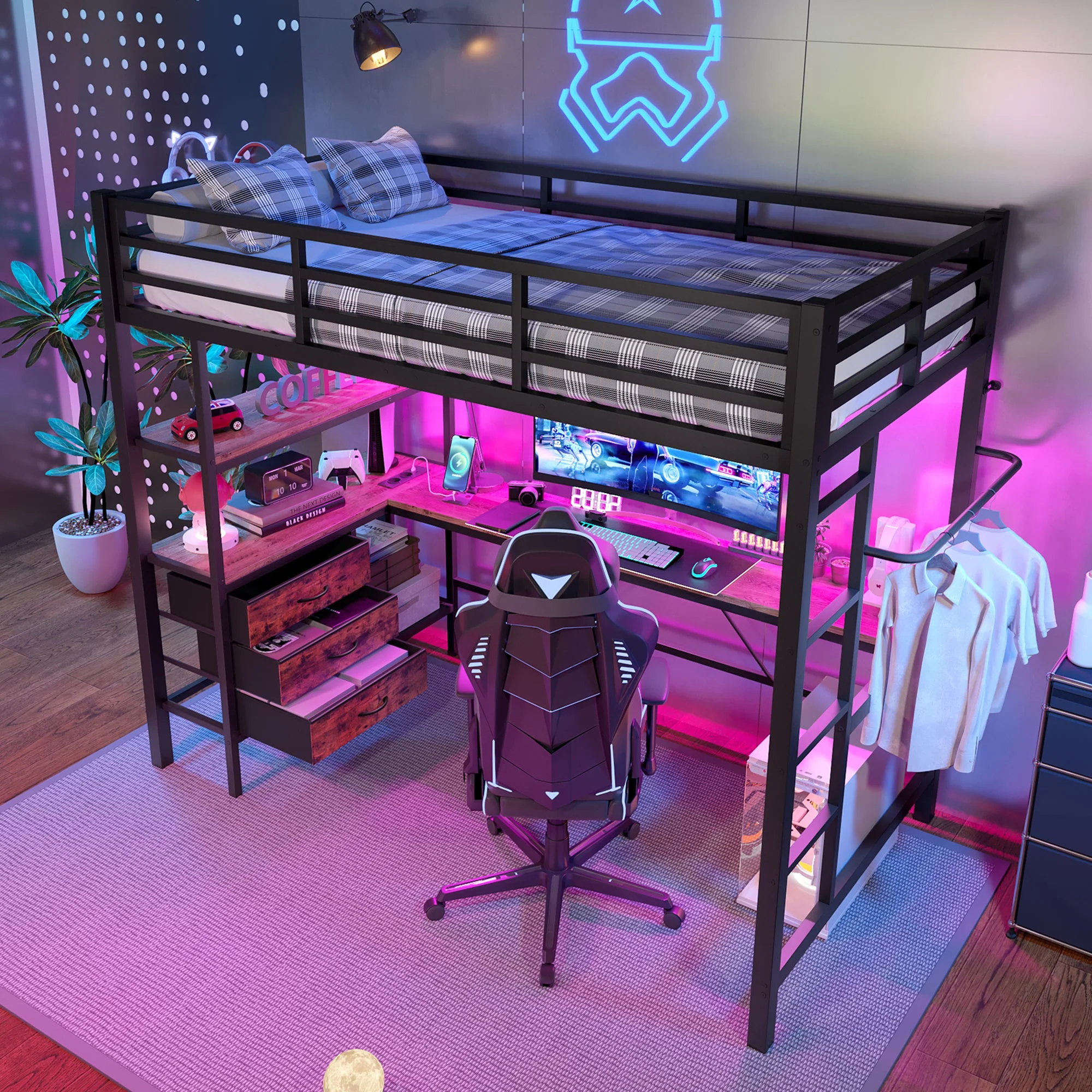Loft Bed 90x200cm LED Lights, Desk, USB Port, 3 Drawers, Black - Image 6