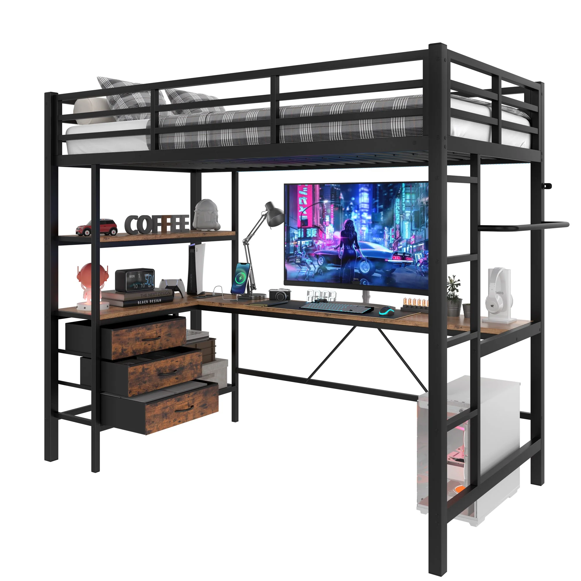 Loft Bed 90x200cm LED Lights, Desk, USB Port, 3 Drawers, Black - Image 7
