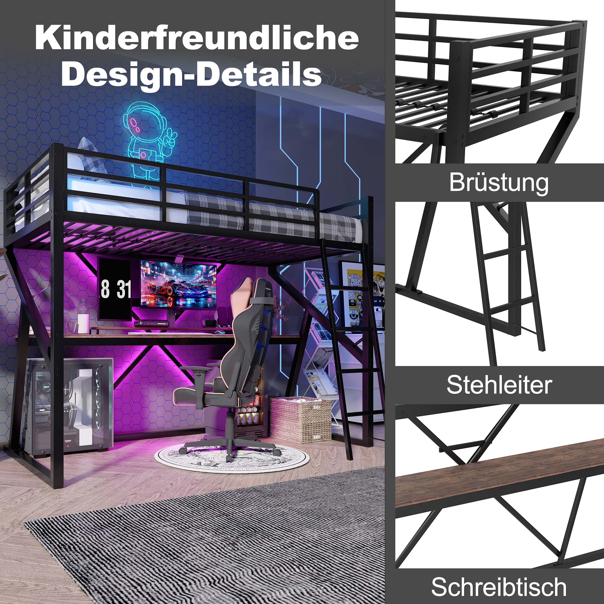 Loft Bed 90x200cm LED Strip Desk Iron Frame Black - Image 3