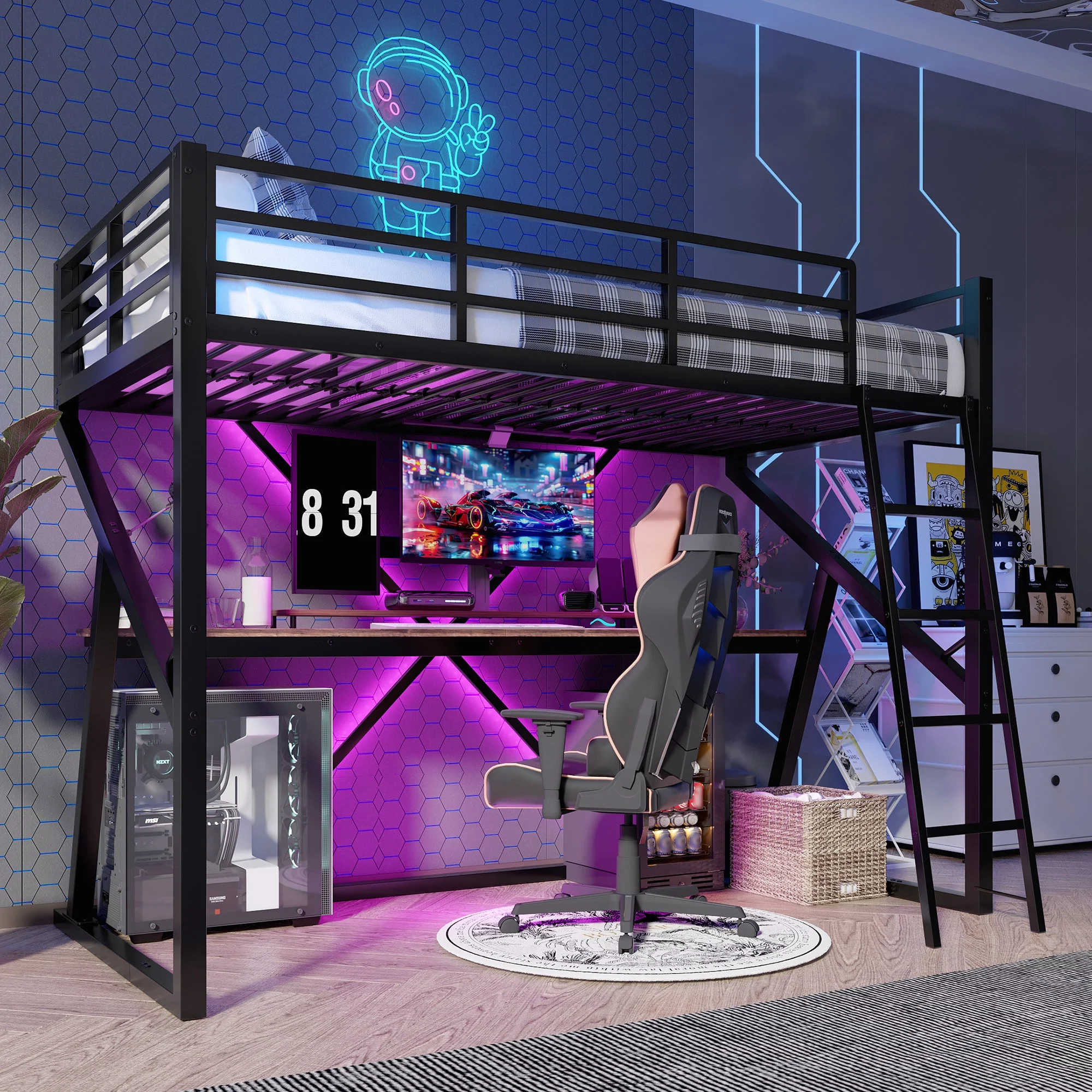Loft Bed 90x200cm LED Strip Desk Iron Frame Black - Image 4