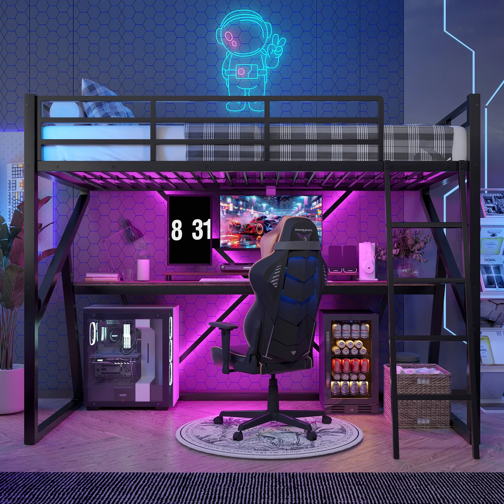 Loft Bed 90x200cm LED Strip Desk Iron Frame Black - Image 5