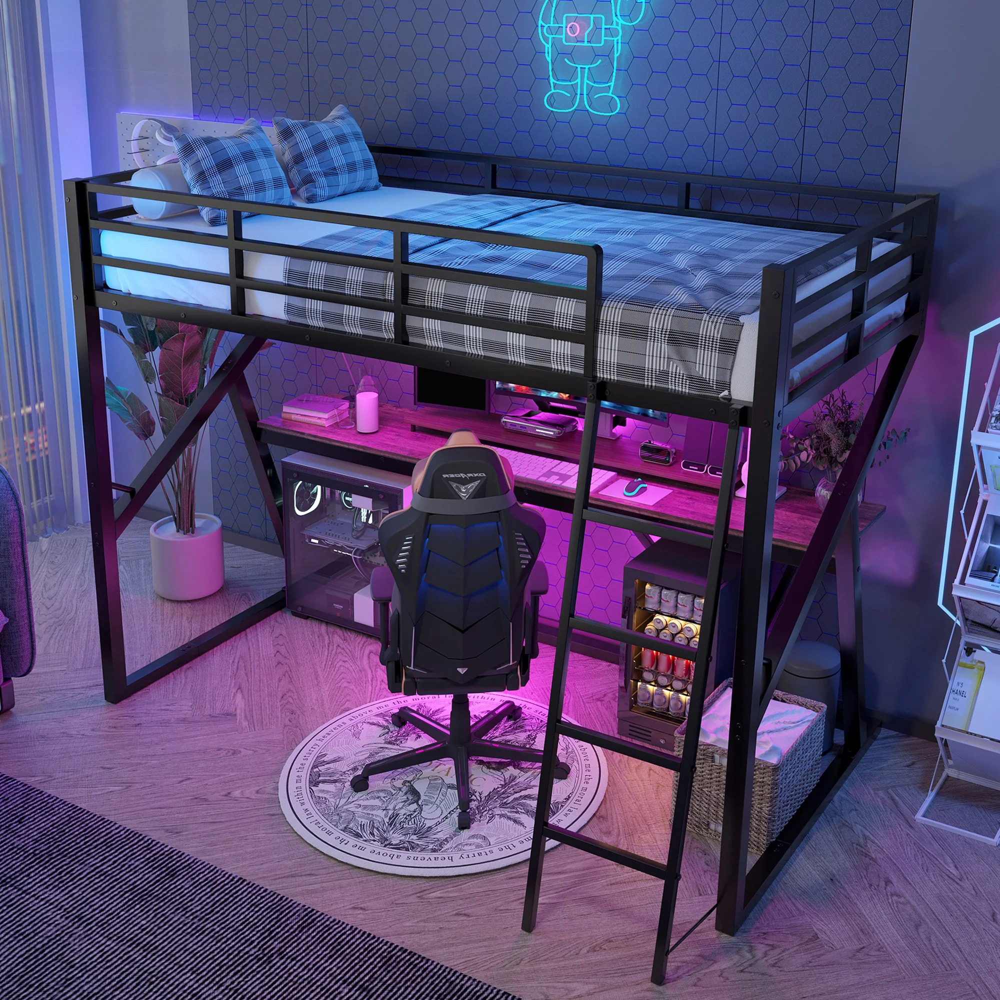 Loft Bed 90x200cm LED Strip Desk Iron Frame Black - Image 6