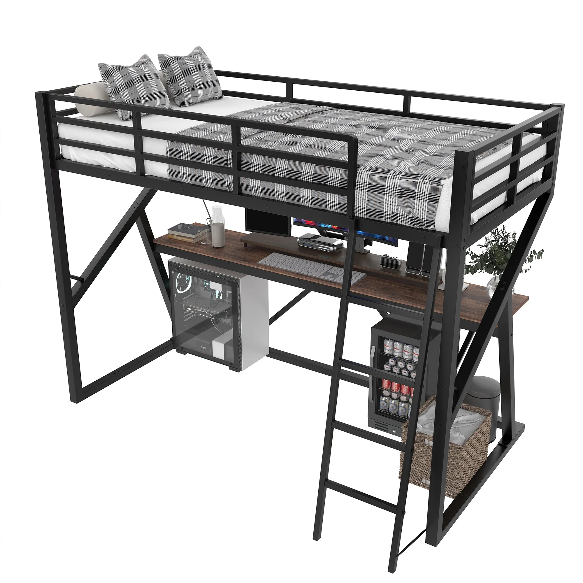 Loft Bed 90x200cm LED Strip Desk Iron Frame Black - Image 7