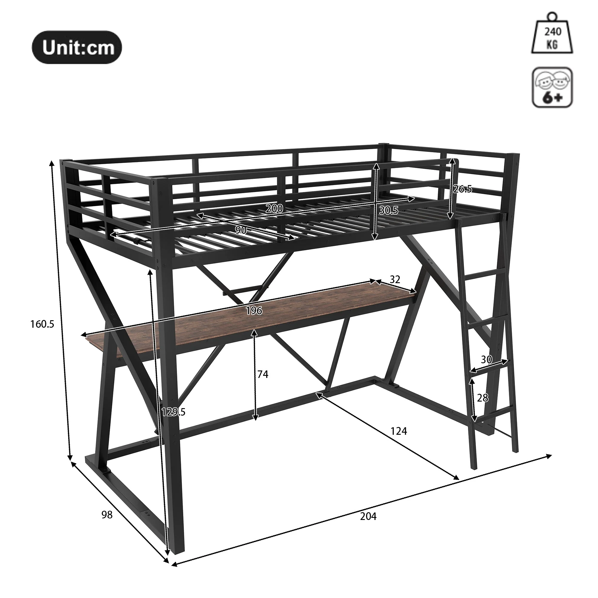 Loft Bed 90x200cm LED Strip Desk Iron Frame Black - Image 8