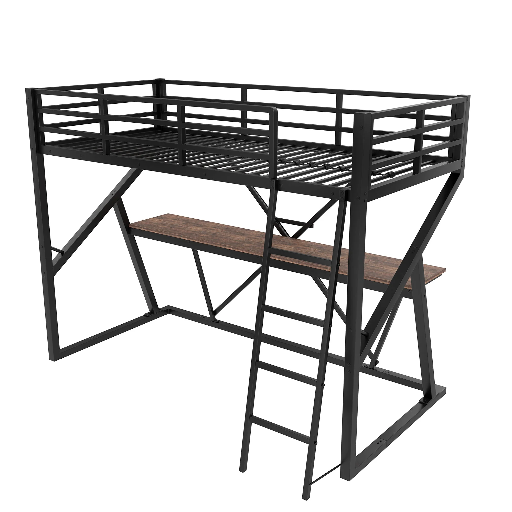 Loft Bed 90x200cm LED Strip Desk Iron Frame Black - Image 9