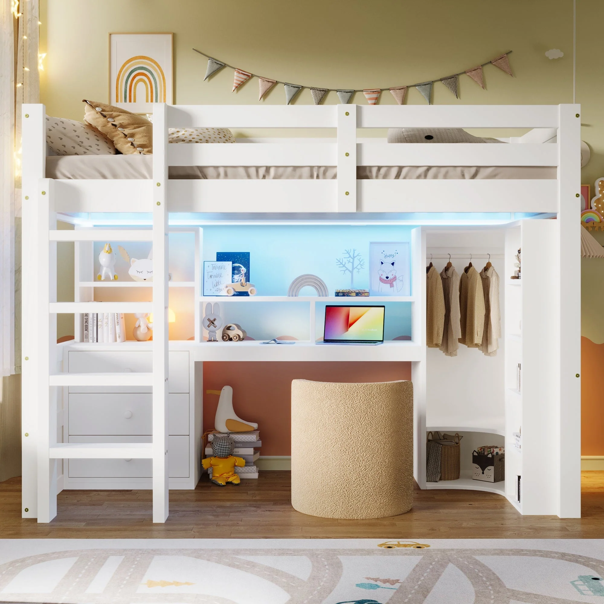 Loft Bed 90x200cm LED Wardrobe Desk Drawers Storage - White - Image 2
