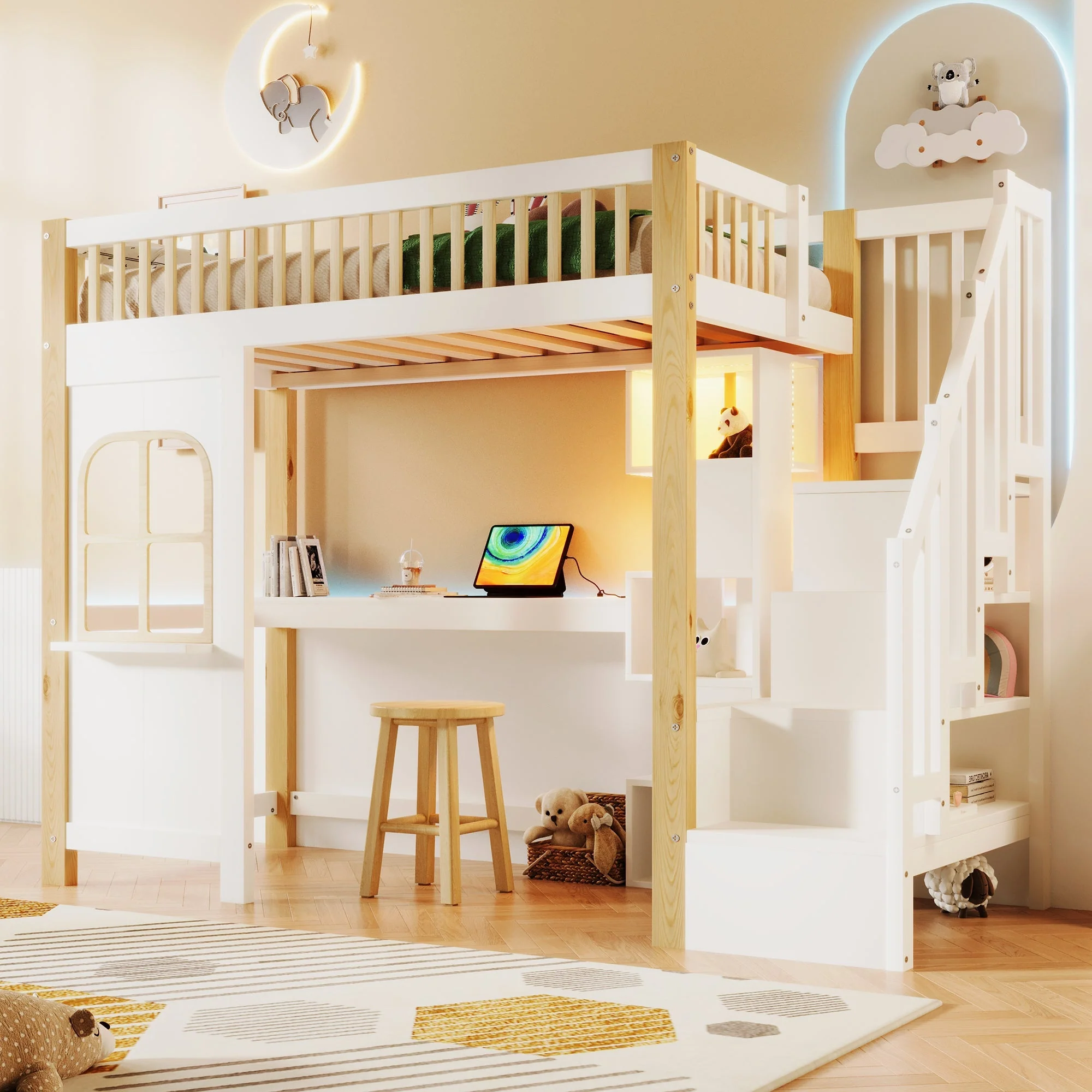 Loft Bed 90x200cm LED Window Design Desk Storage Ladder Power Outlet - White/Natural - Image 4