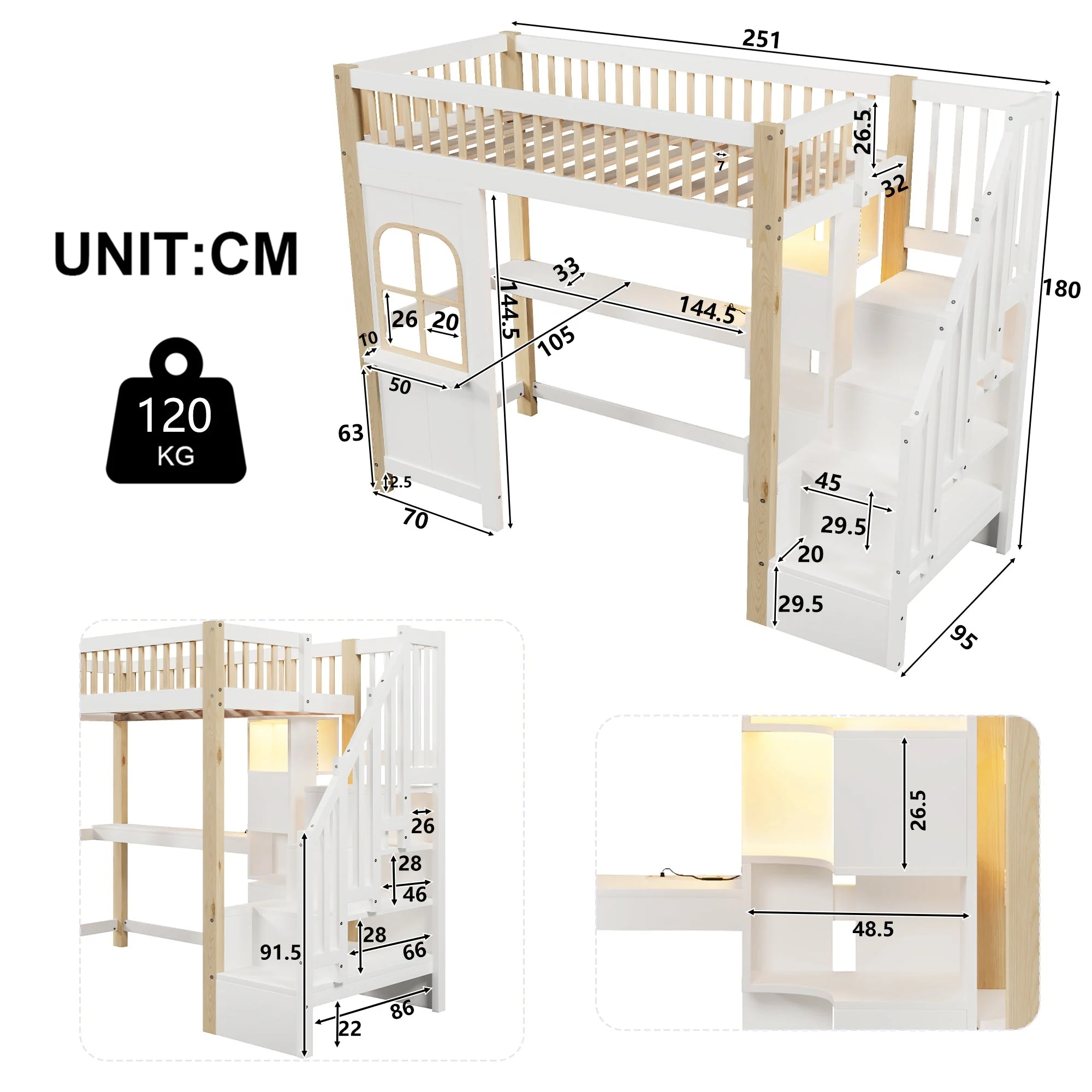 Loft Bed 90x200cm LED Window Design Desk Storage Ladder Power Outlet - White/Natural - Image 8