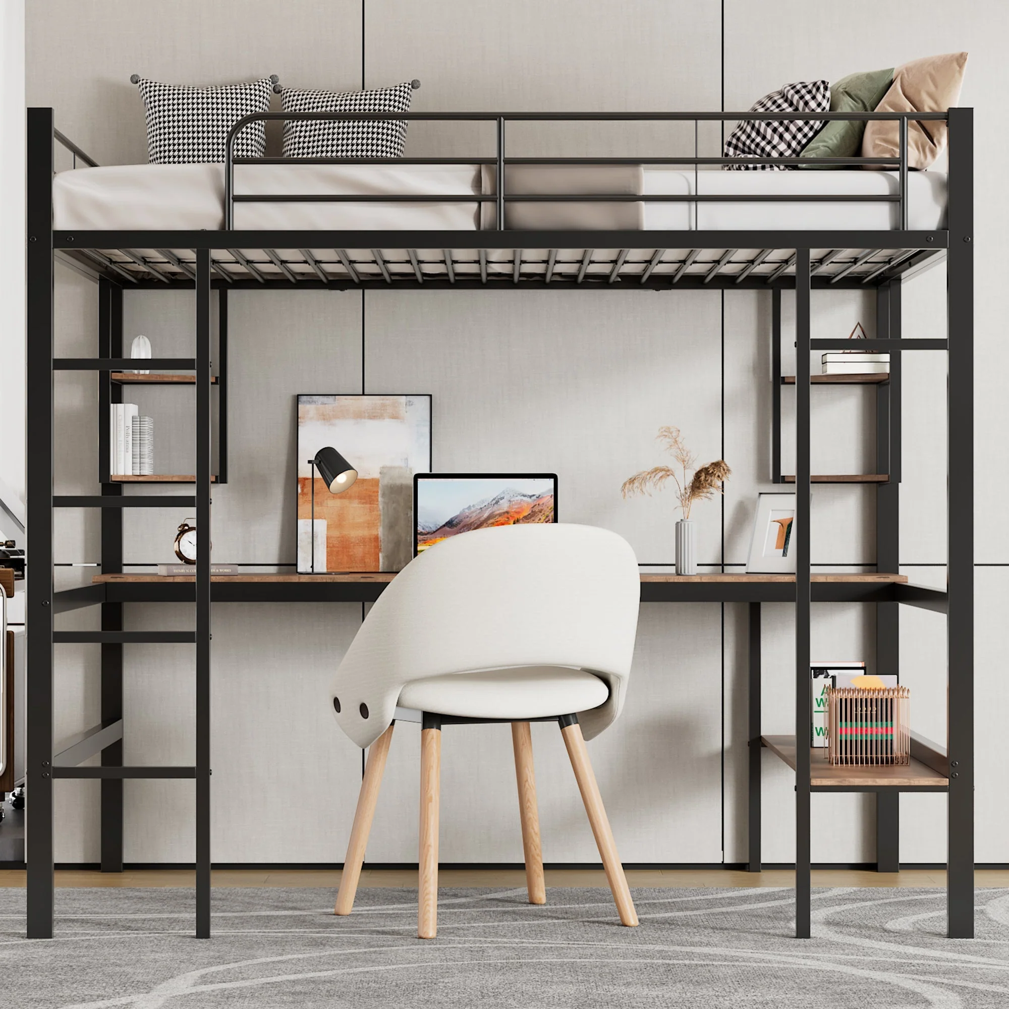 Loft Bed 90x200cm Metal Frame Desk & Bookcase - Black - Image 2