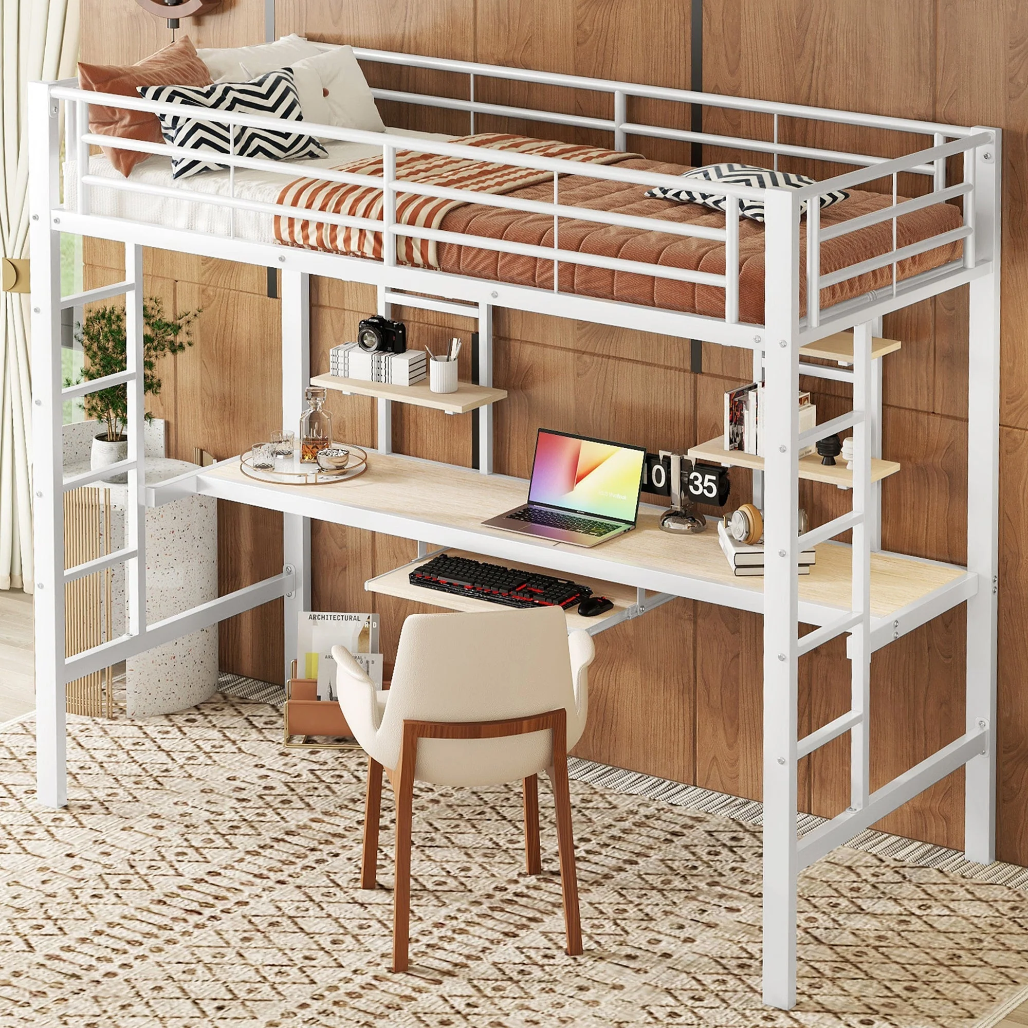 Loft Bed 90x200cm Metal Frame with Desk and 2 Bookshelves White - Image 2