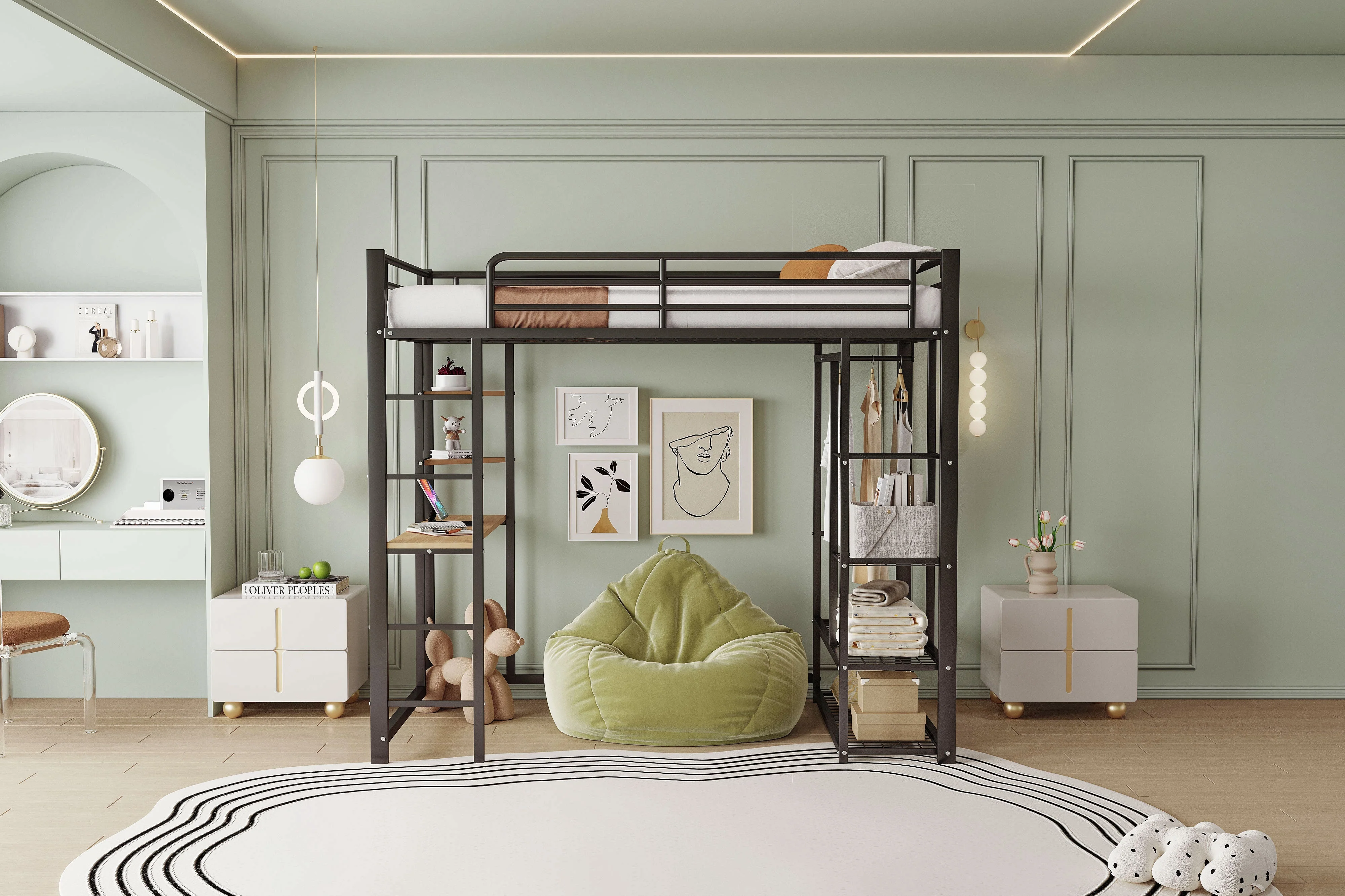 Loft Bed 90x200cm Single/Children's Bed with Ladder, Table, Storage, Black - Image 8