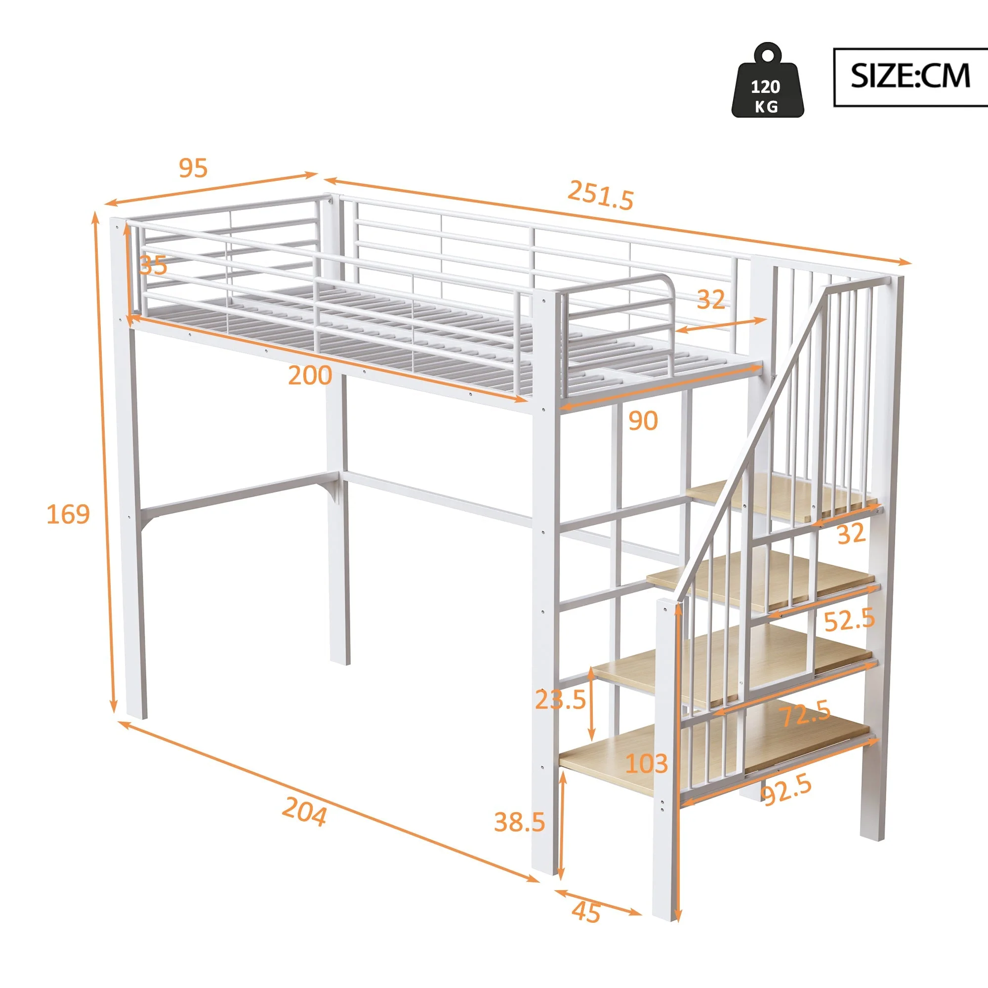 Loft Bed 90x200cm Spacious Storage Under Bed Stairs - Metal Construction - Image 4