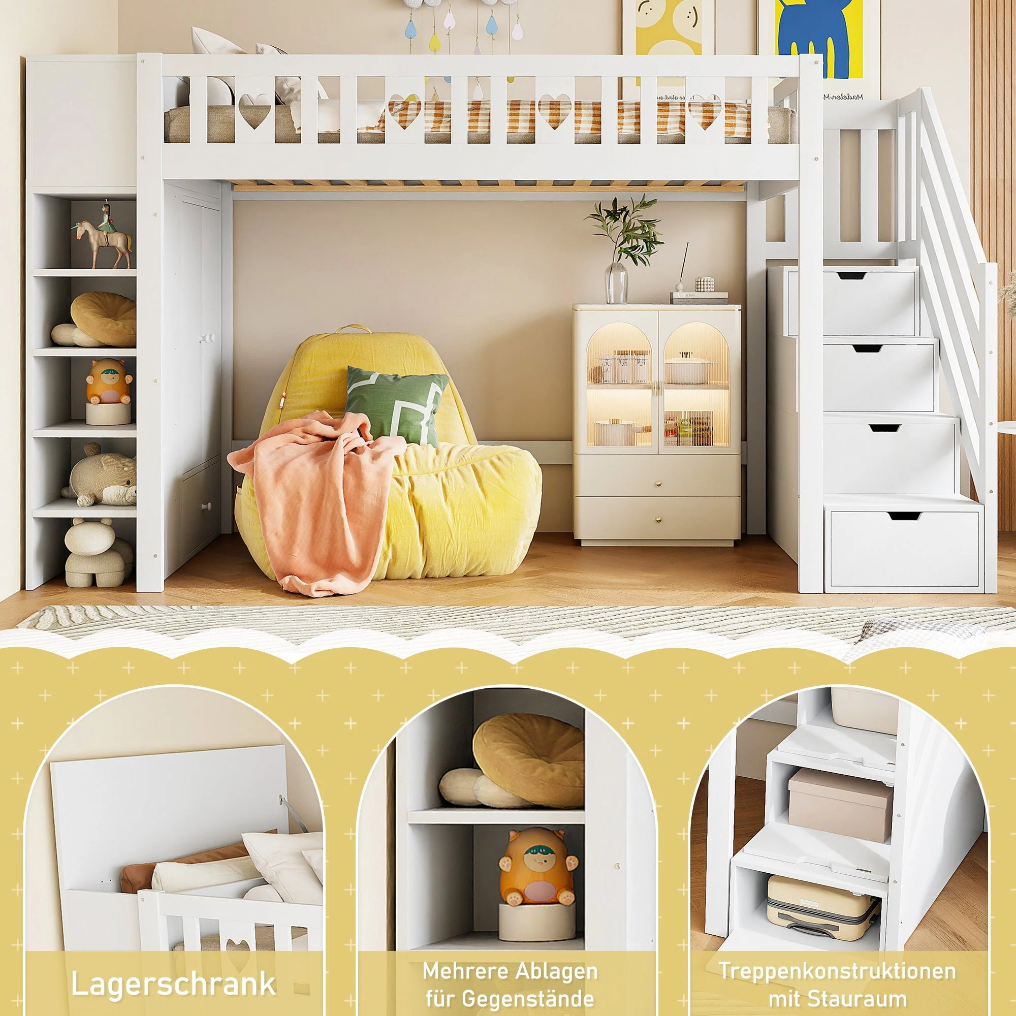 Loft Bed 90x200cm Storage Ladder Shelves Fold-Down Cabinet Love Railing - White - Image 2