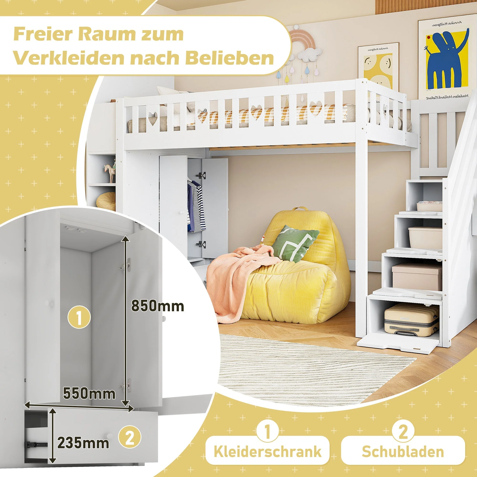 Loft Bed 90x200cm Storage Ladder Shelves Fold-Down Cabinet Love Railing - White - Image 3