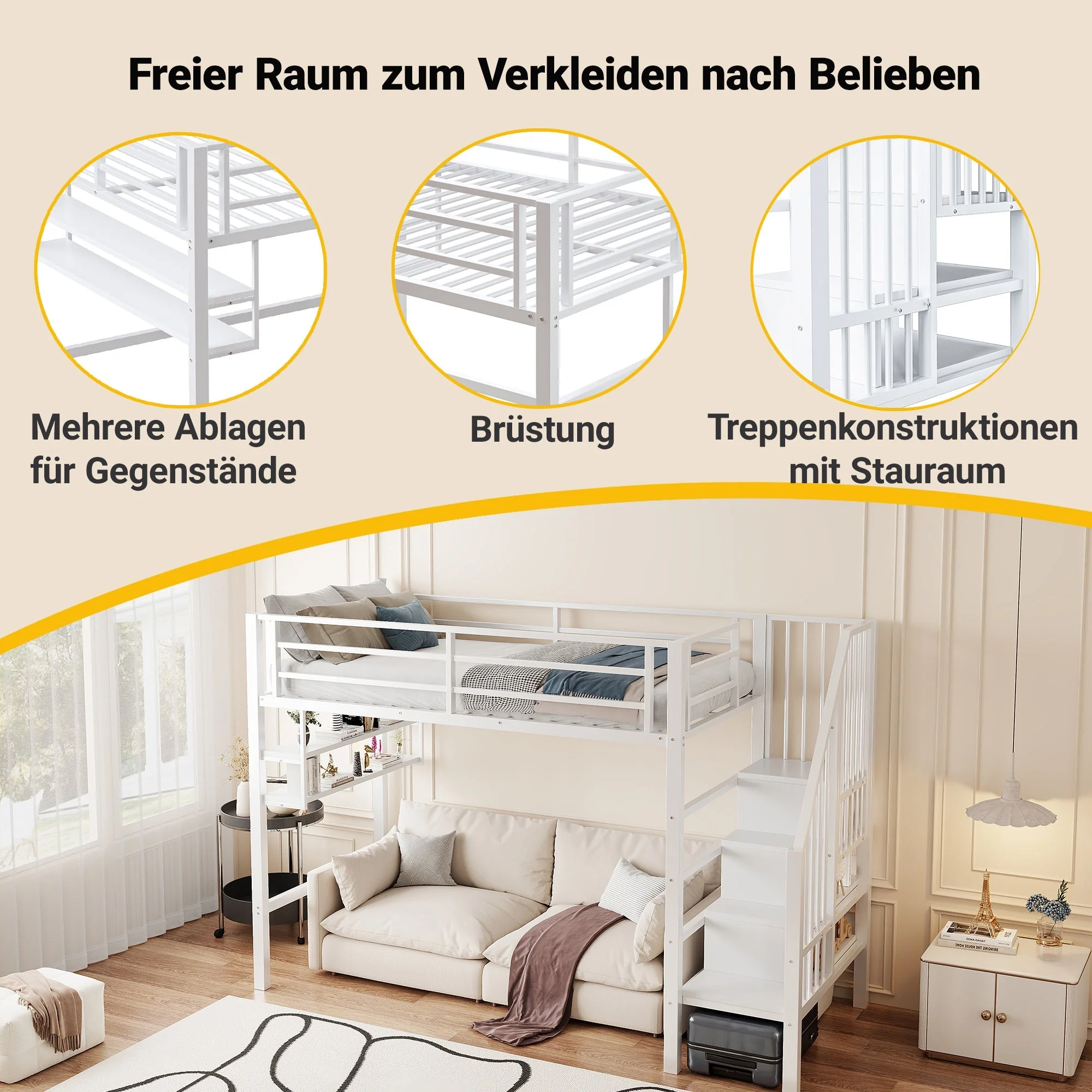 Loft Bed 90x200cm Storage Ladder Shelves - White - Image 2