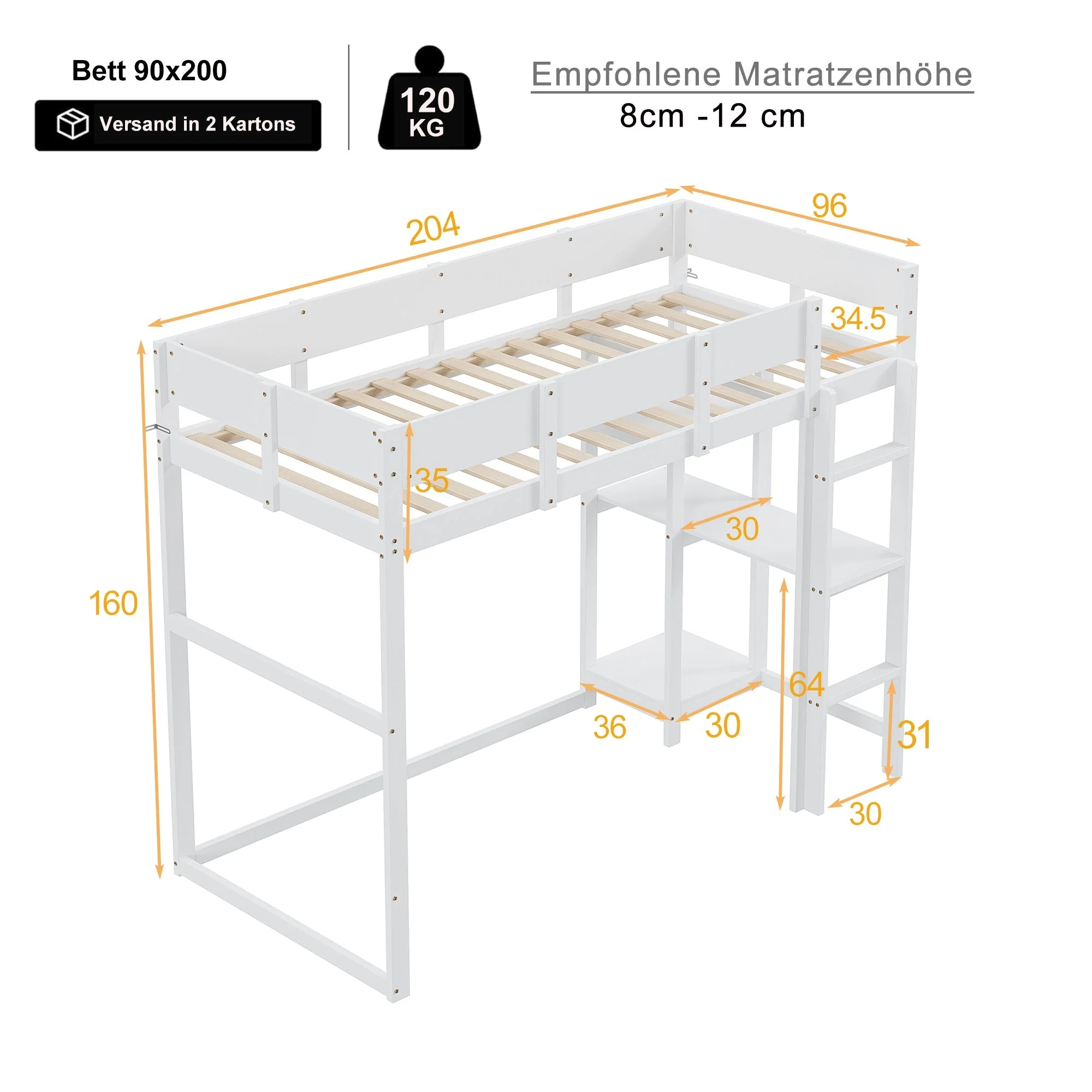 Loft Bed 90x200cm Storage Slatted Base - White Pine Wood - Image 3