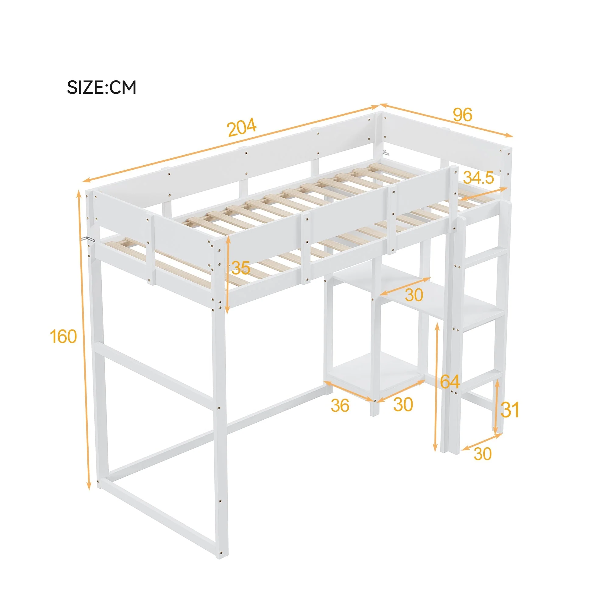Loft Bed 90x200cm Storage Slatted Base - White Pine Wood - Image 4
