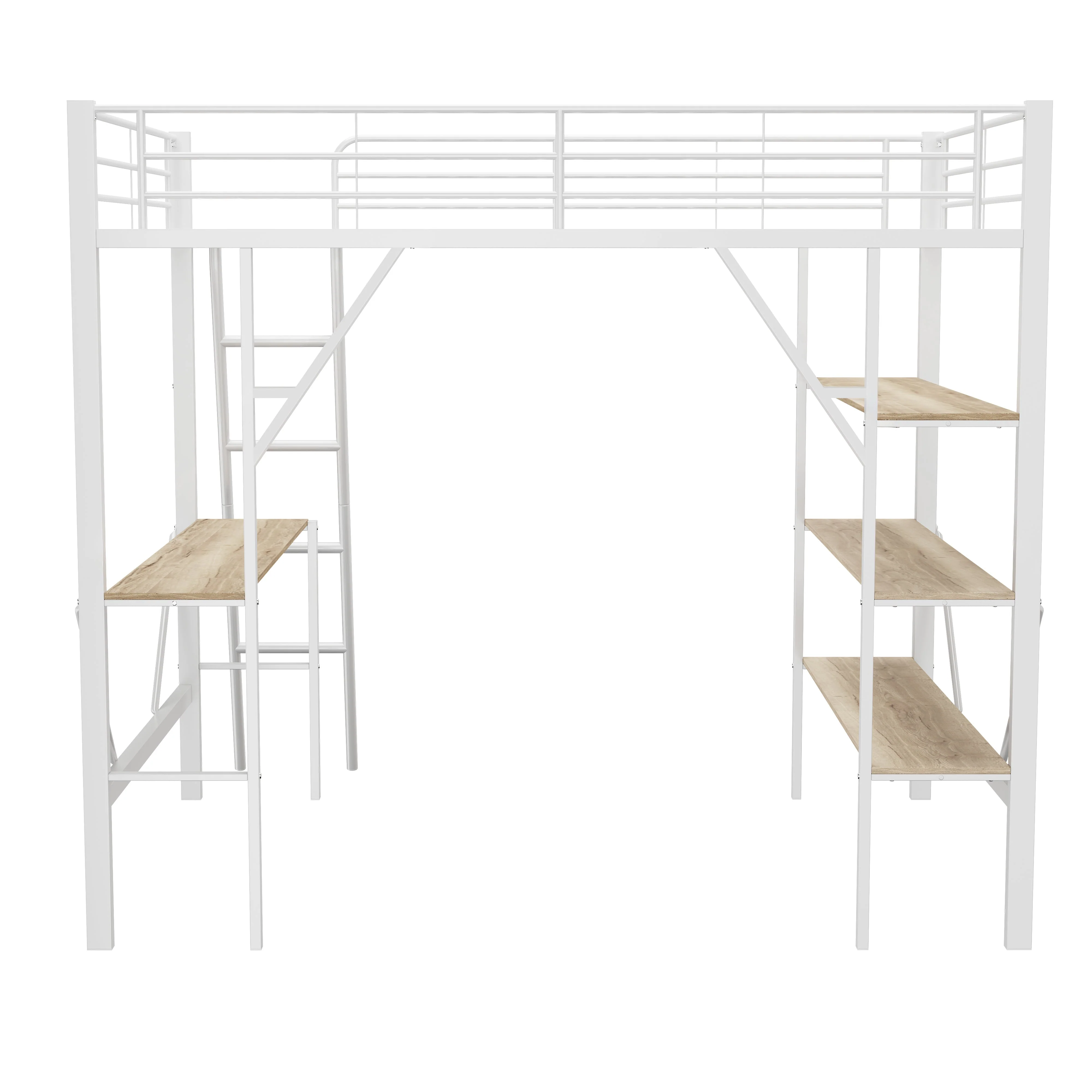 Loft Bed 90x200cm with Desk 3 Shelves - White Metal - Image 8