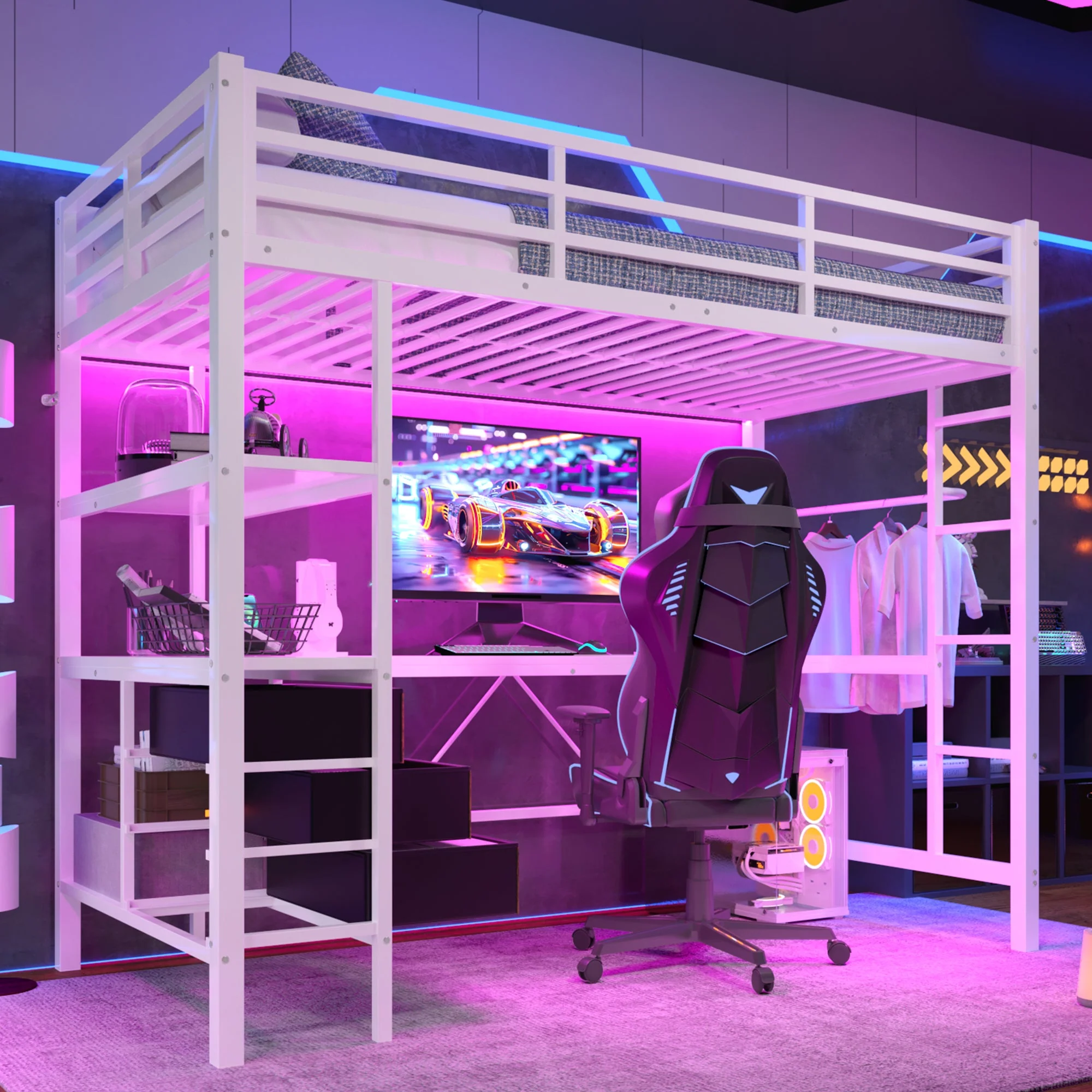 Loft Bed 90x200cm with Desk, LED Lights & Storage Drawers, White - Image 5