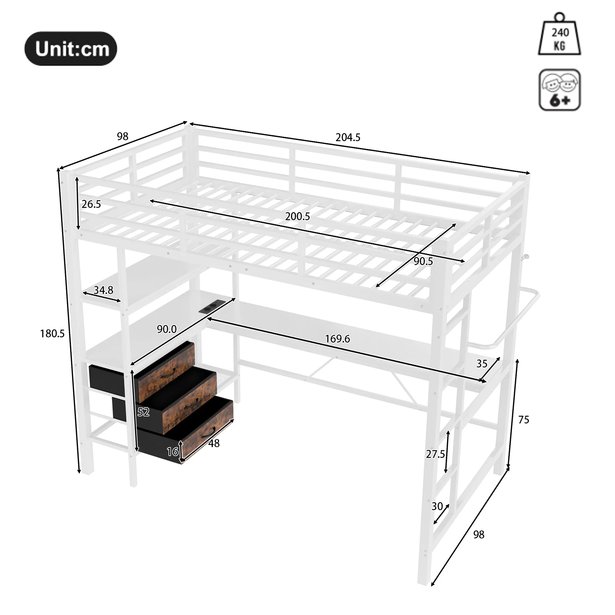 Loft Bed 90x200cm with Desk, LED Lights & Storage Drawers, White - Image 8