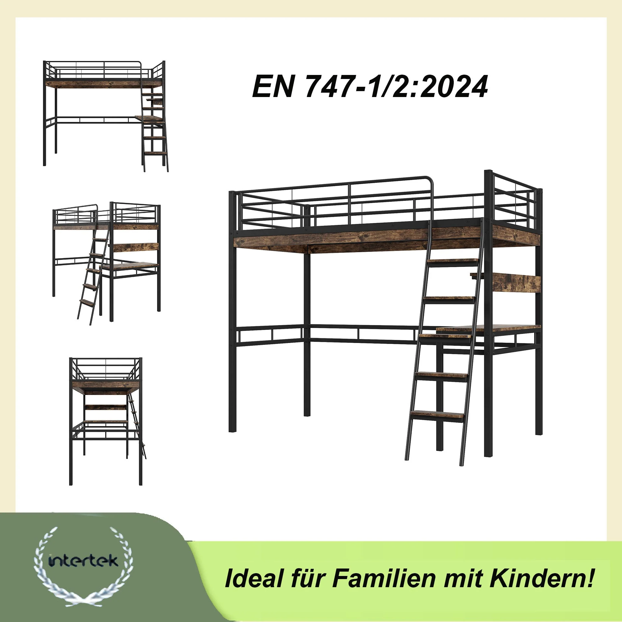 Loft Bed 90x200cm with Desk Shelves Ladder - Black Iron - Image 3