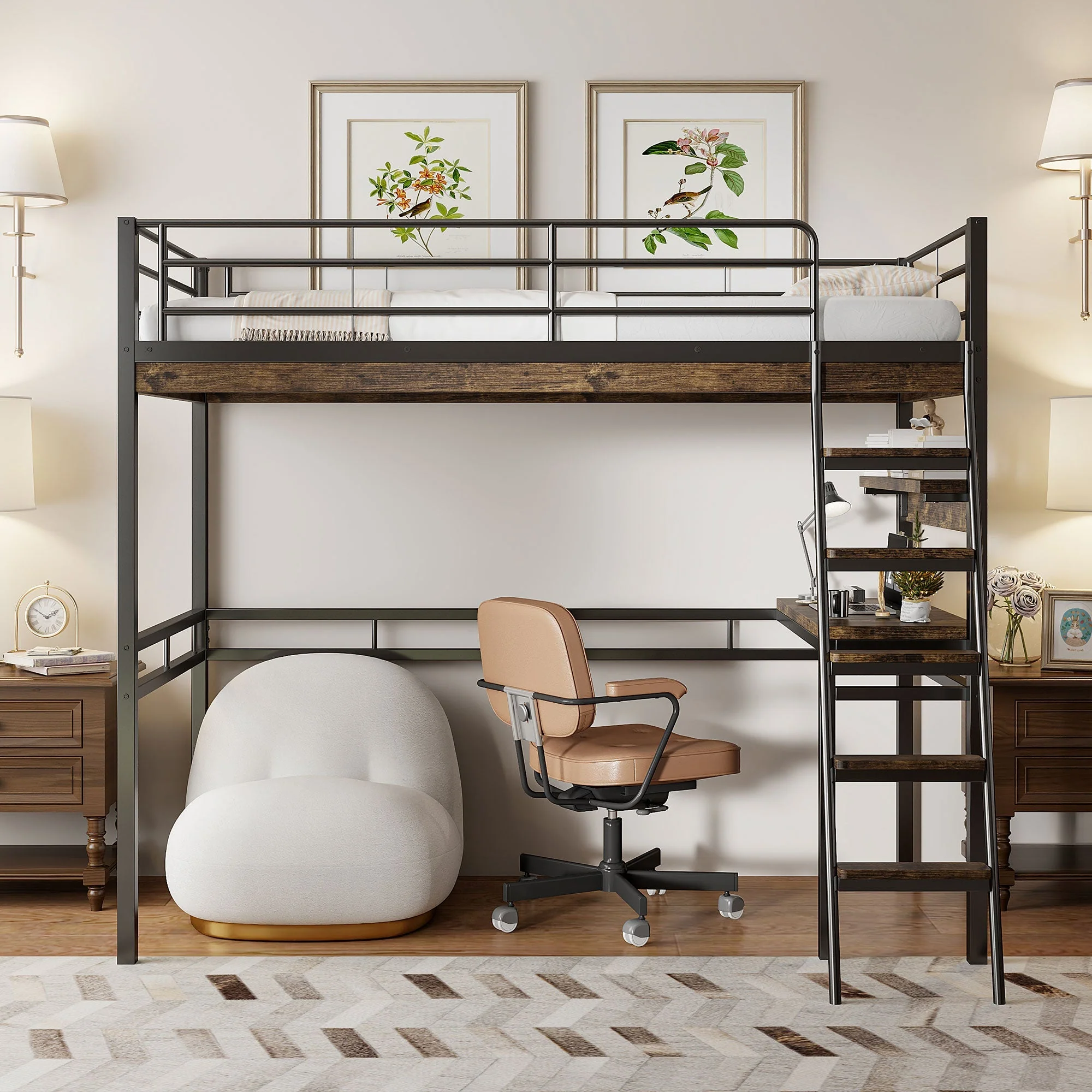 Loft Bed 90x200cm with Desk Shelves Ladder - Black Iron - Image 6