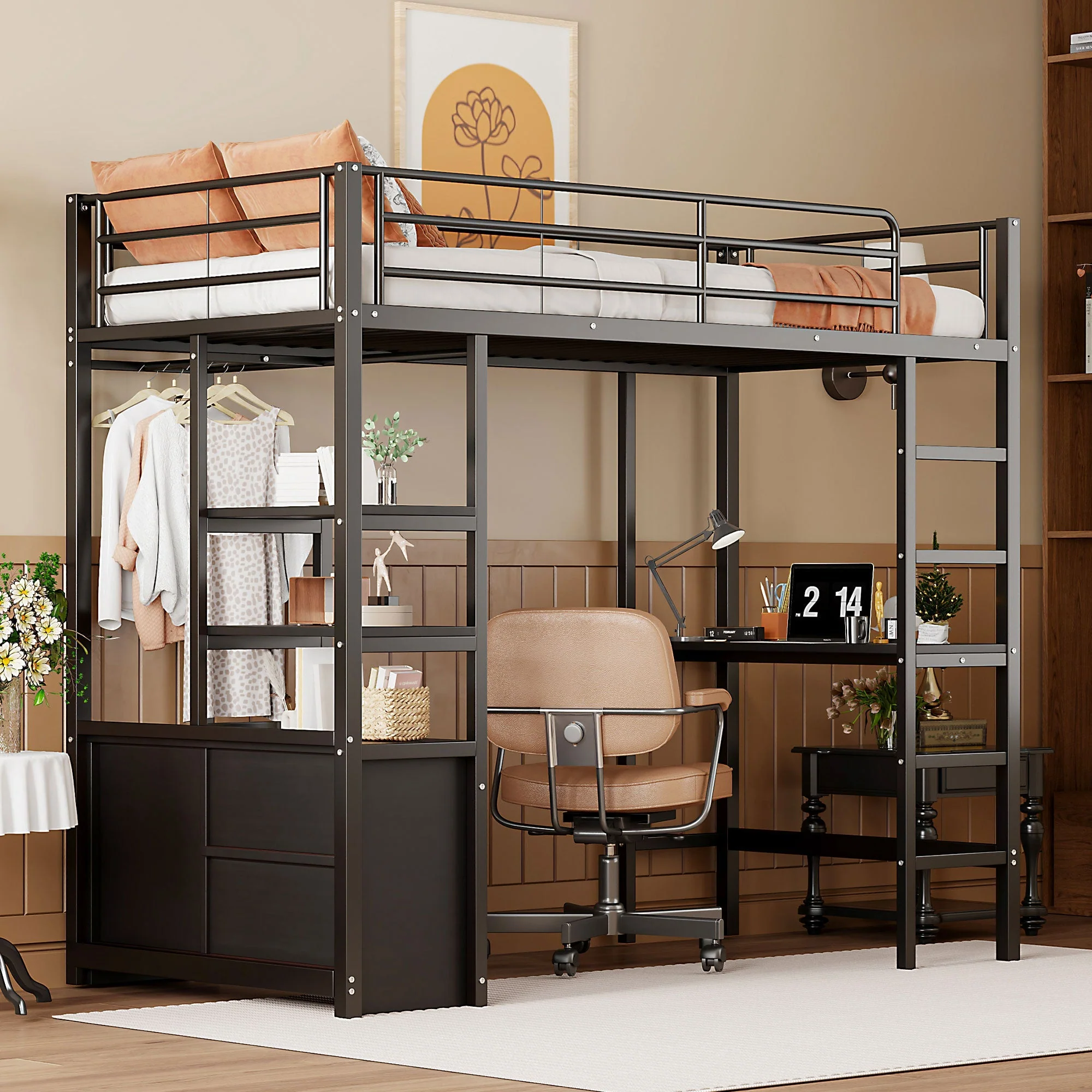 Loft Bed 90x200cm with Desk USB Charging Shelves Storage Ladder Black Iron - Image 5