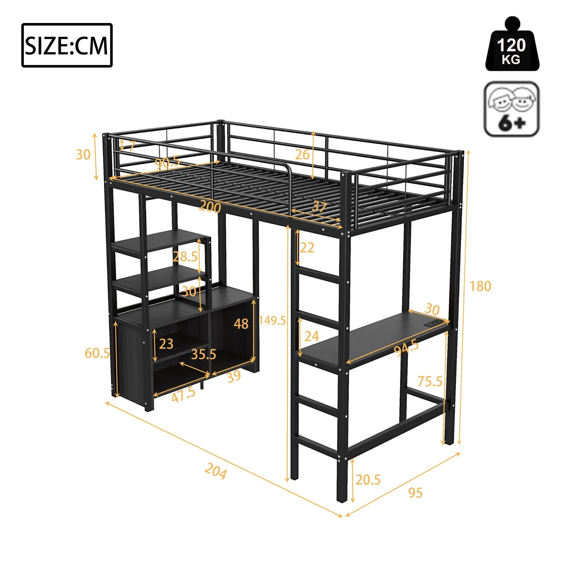 Loft Bed 90x200cm with Desk USB Charging Shelves Storage Ladder Black Iron - Image 9