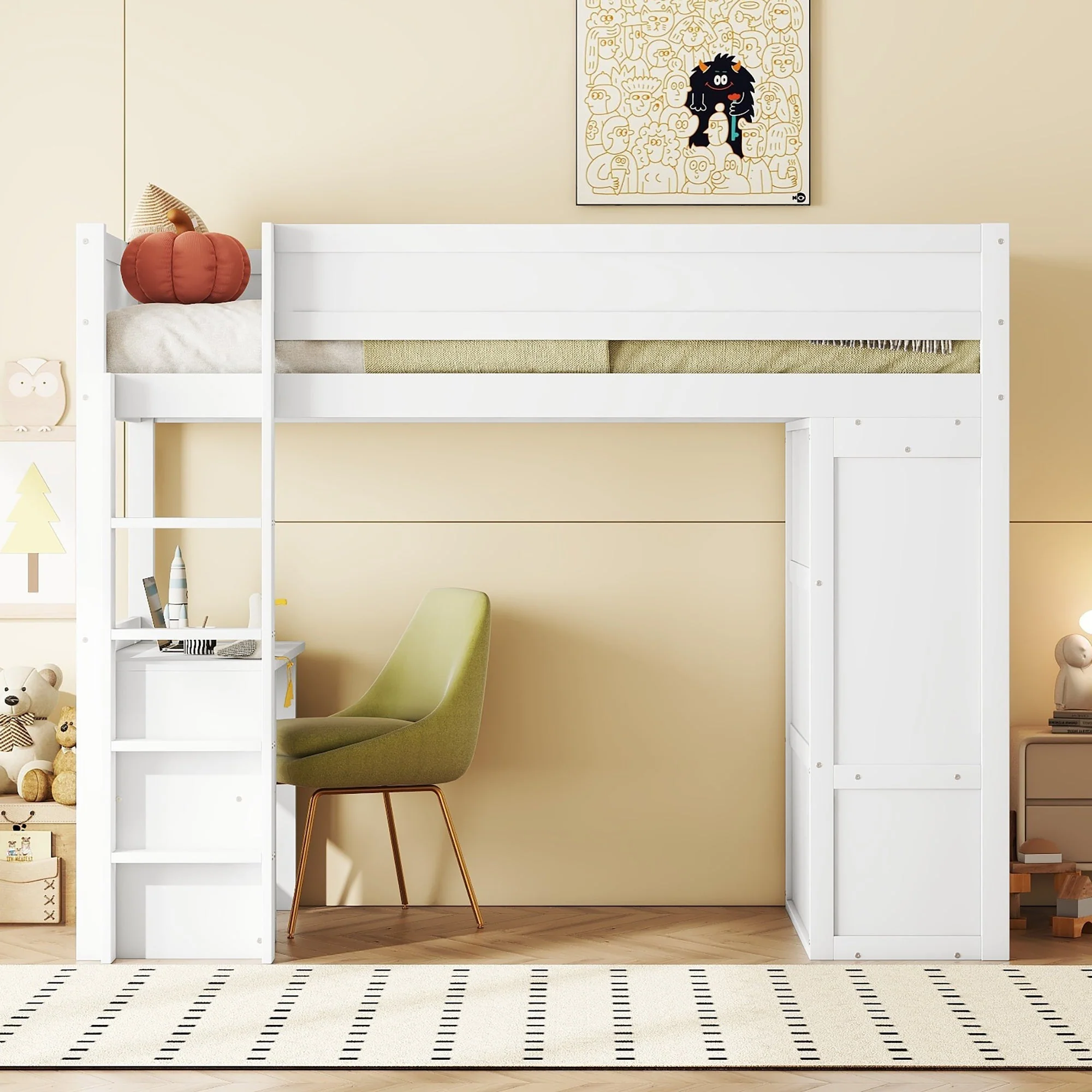 Loft Bed 90x200cm with Desk Wardrobe Drawers - White - Image 4