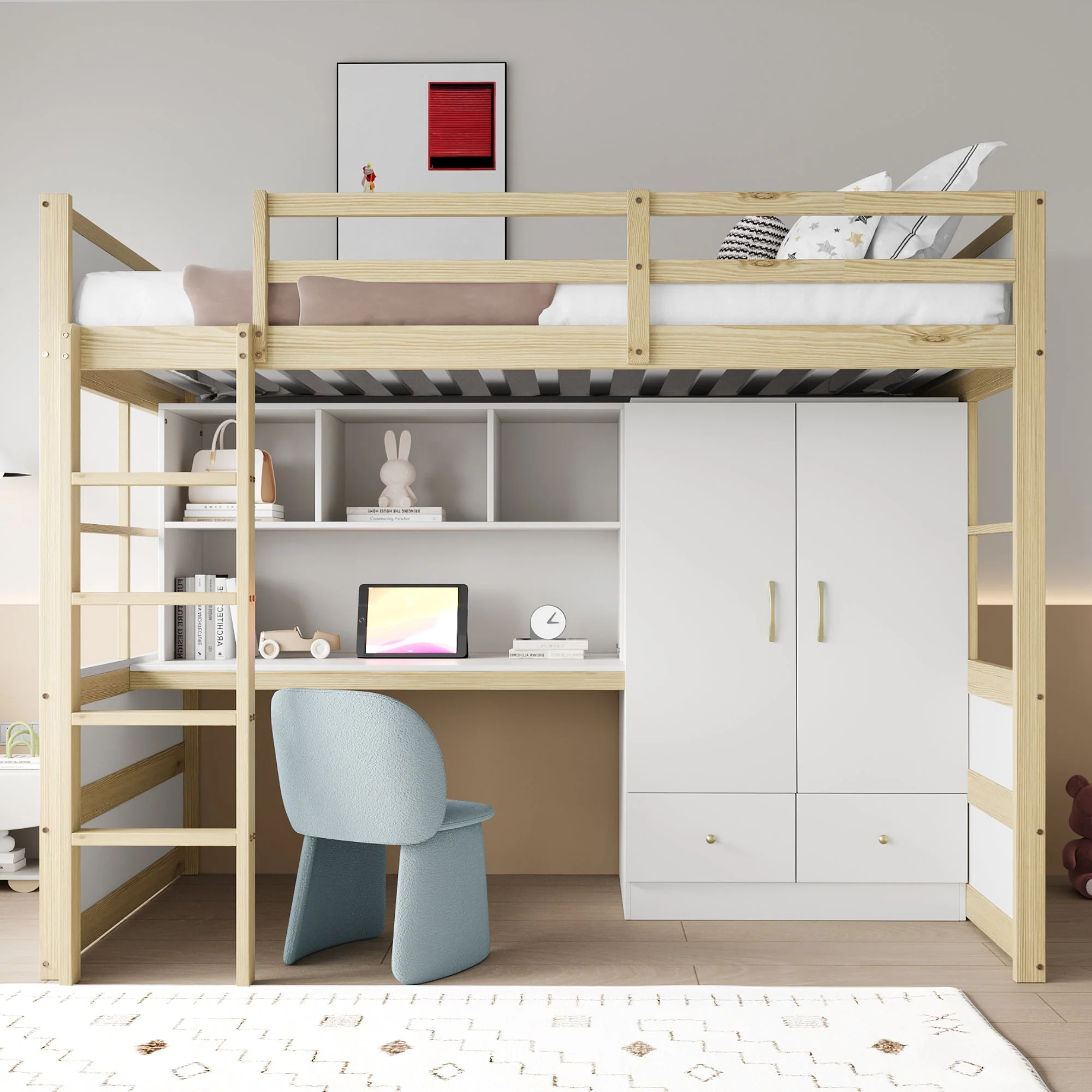 Loft Bed, 90x200cm with Ladder, Desk, Wardrobe & Drawers, Wood Color