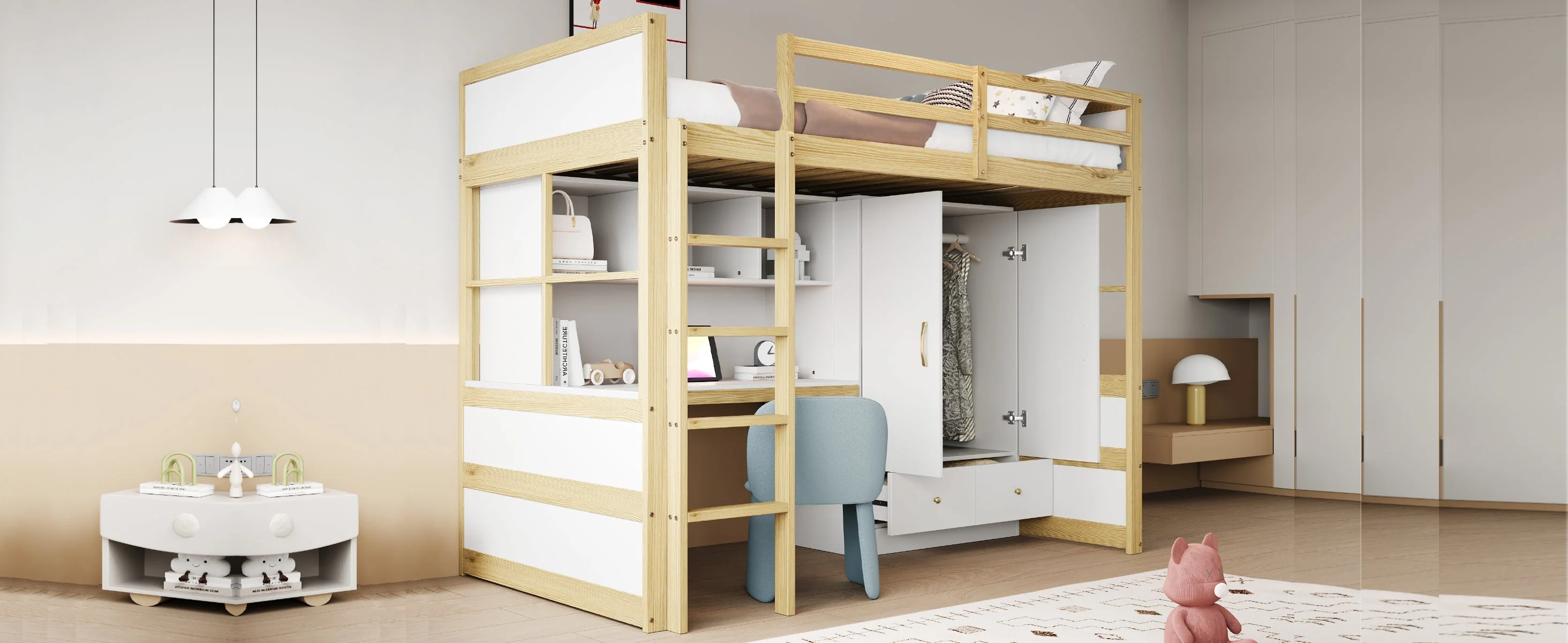 Loft Bed, 90x200cm with Ladder, Desk, Wardrobe & Drawers, Wood Color - Image 7