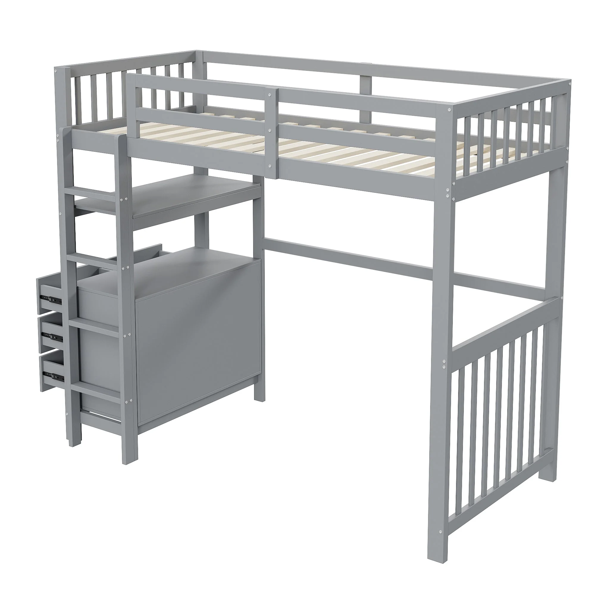 Loft Bed, 90x200cm with Ladder, Drawers, Shelves, Slatted Frame, Pinewood, Grey - Image 7