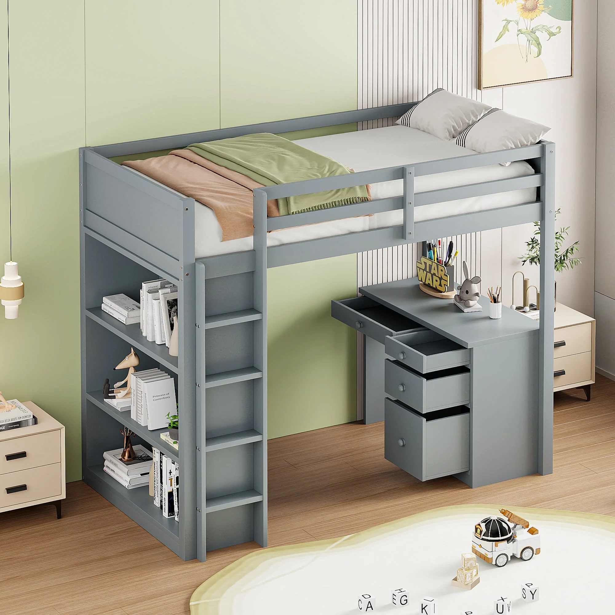 Loft Bed, 90x200cm with Storage & Desk, Wood Grey - Image 2