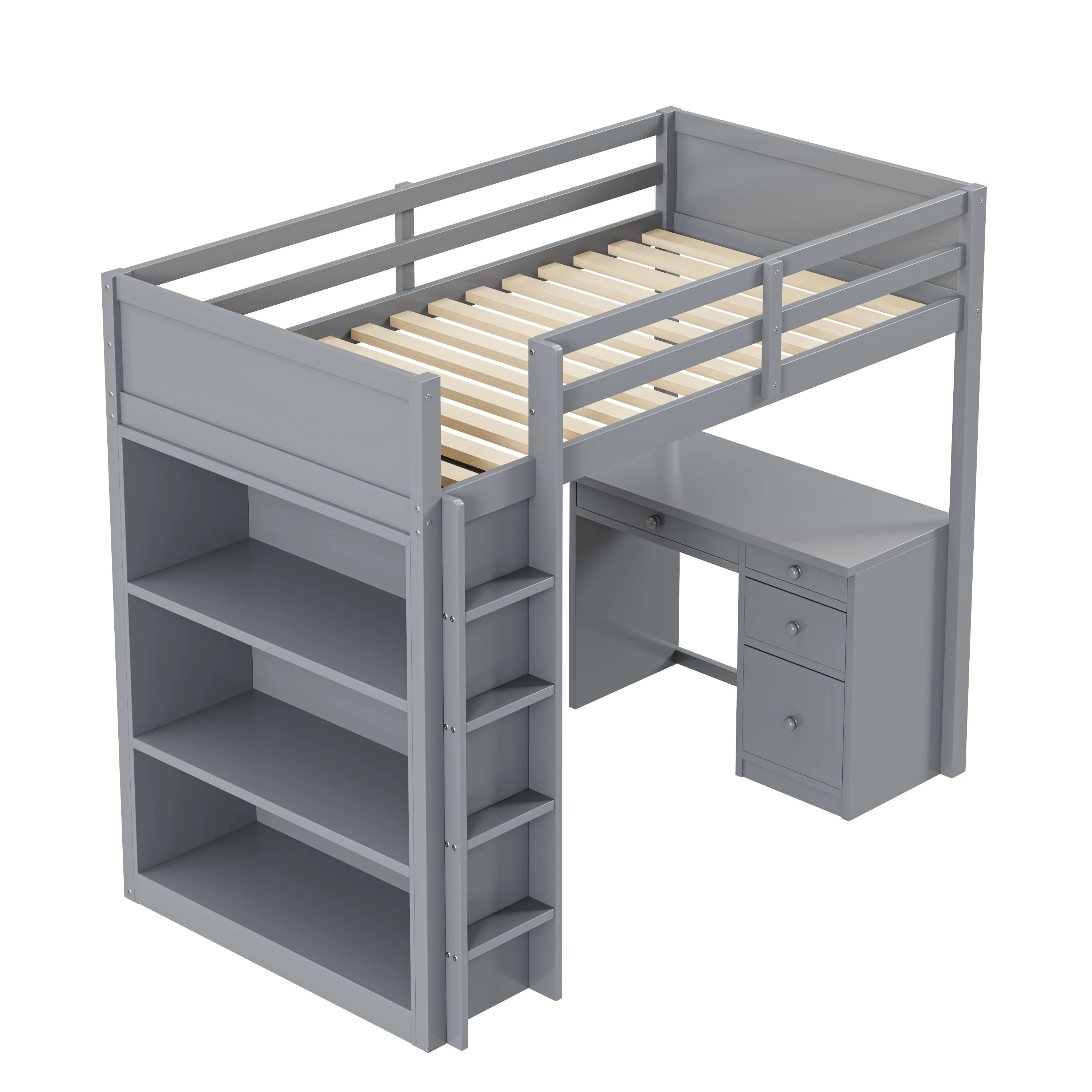 Loft Bed, 90x200cm with Storage & Desk, Wood Grey - Image 5