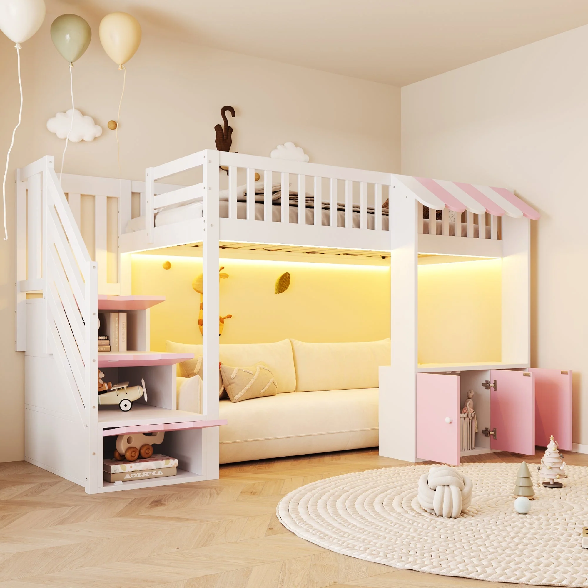 Loft Bed 90x200cm with Storage Stairs Wardrobe LED Light Wooden Pink - Image 3