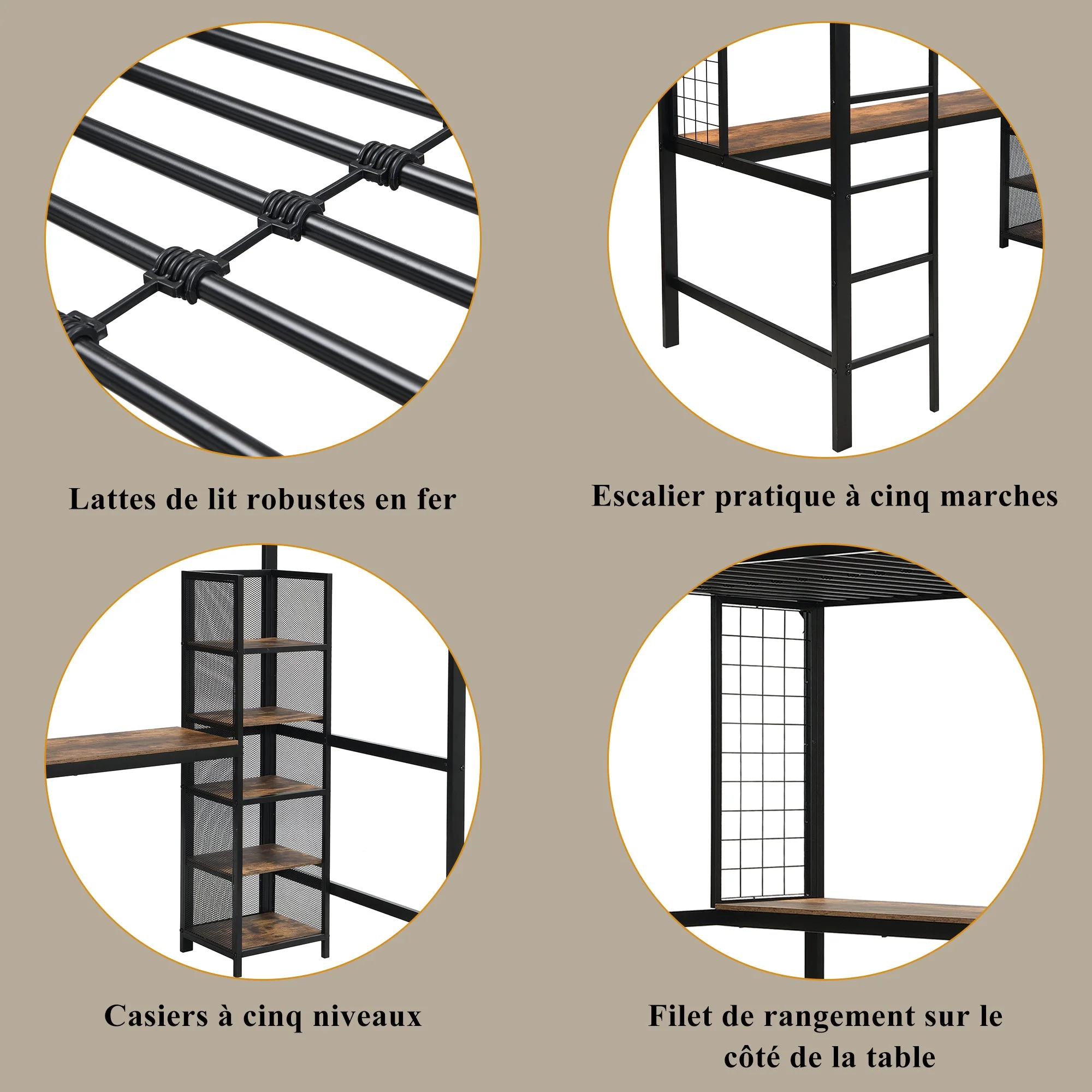 Loft Bed 90x200cm with Table and Shelving Unit, Iron/MDF Black/Dark Wood - Image 7