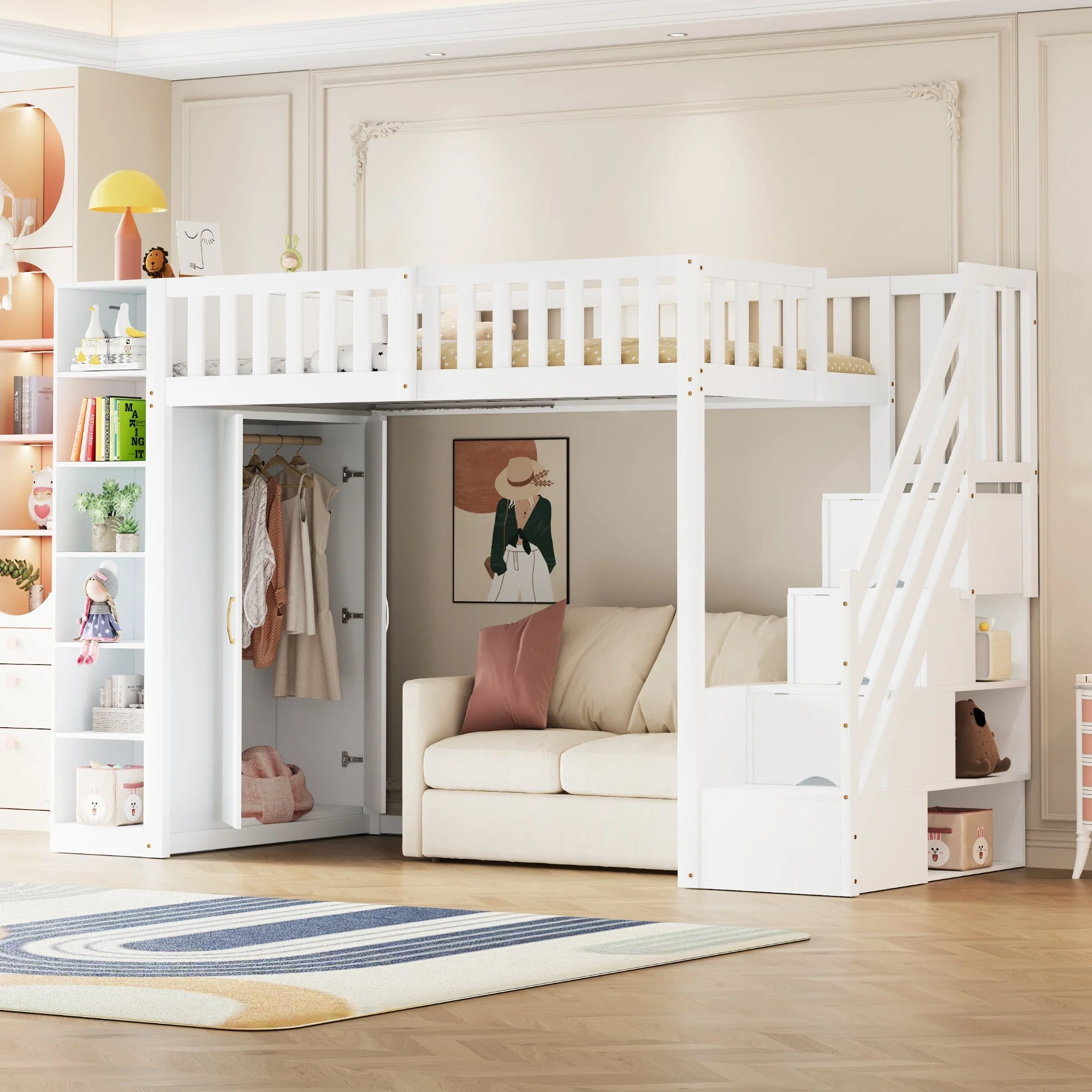 Loft Bed 90x200cm with Wardrobe Storage Cabinet Shelves & Ladder - White - Image 2
